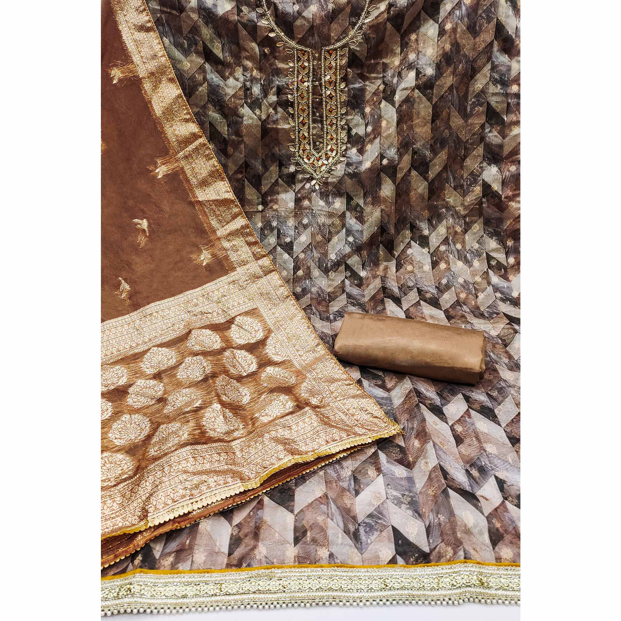 Peachmode Brown Digital Printed With Woven Organza Dress Material - view 3