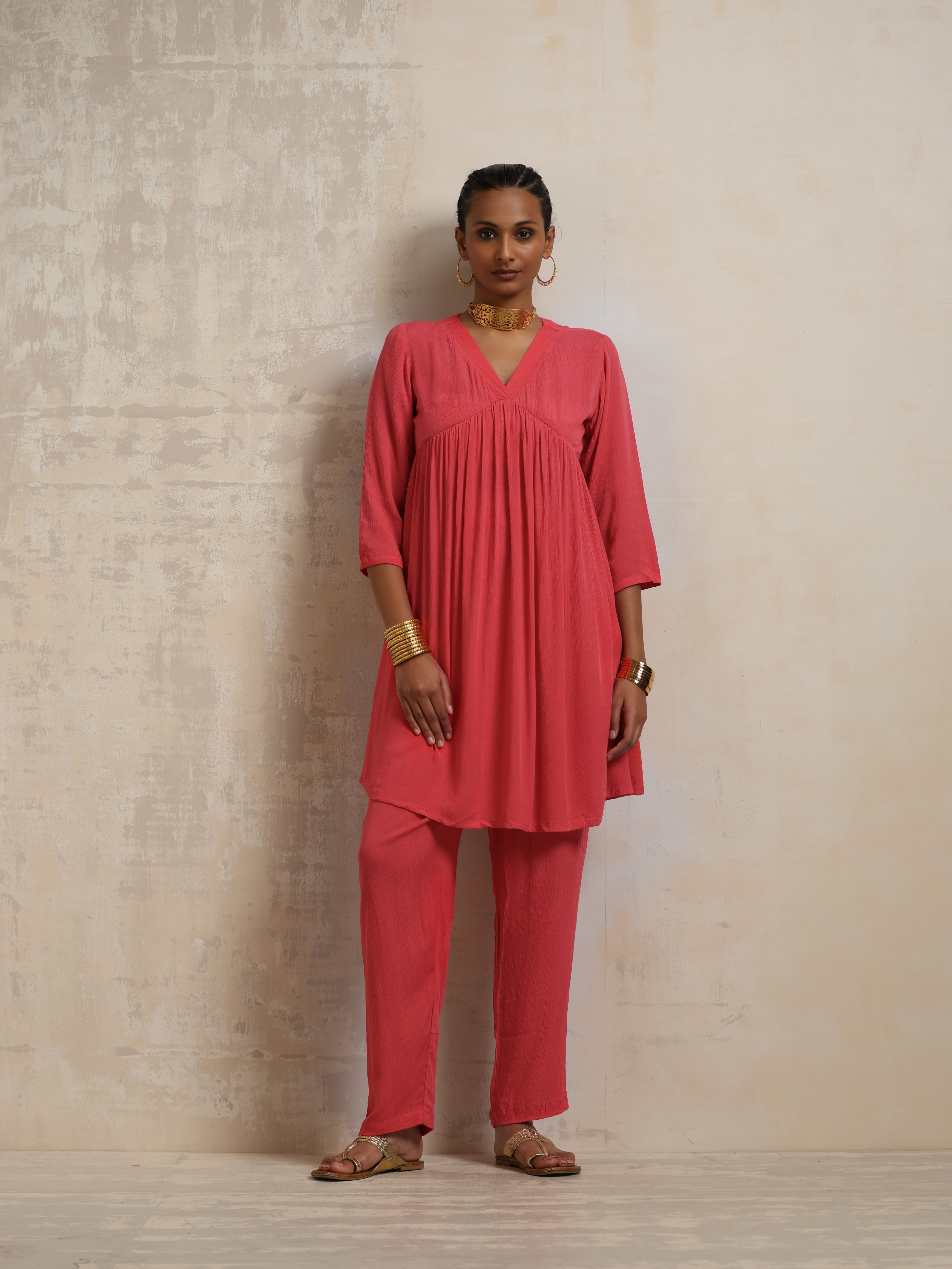 trueBrowns Peach Crinkle Flared Kurta Co-ord Set - view 2