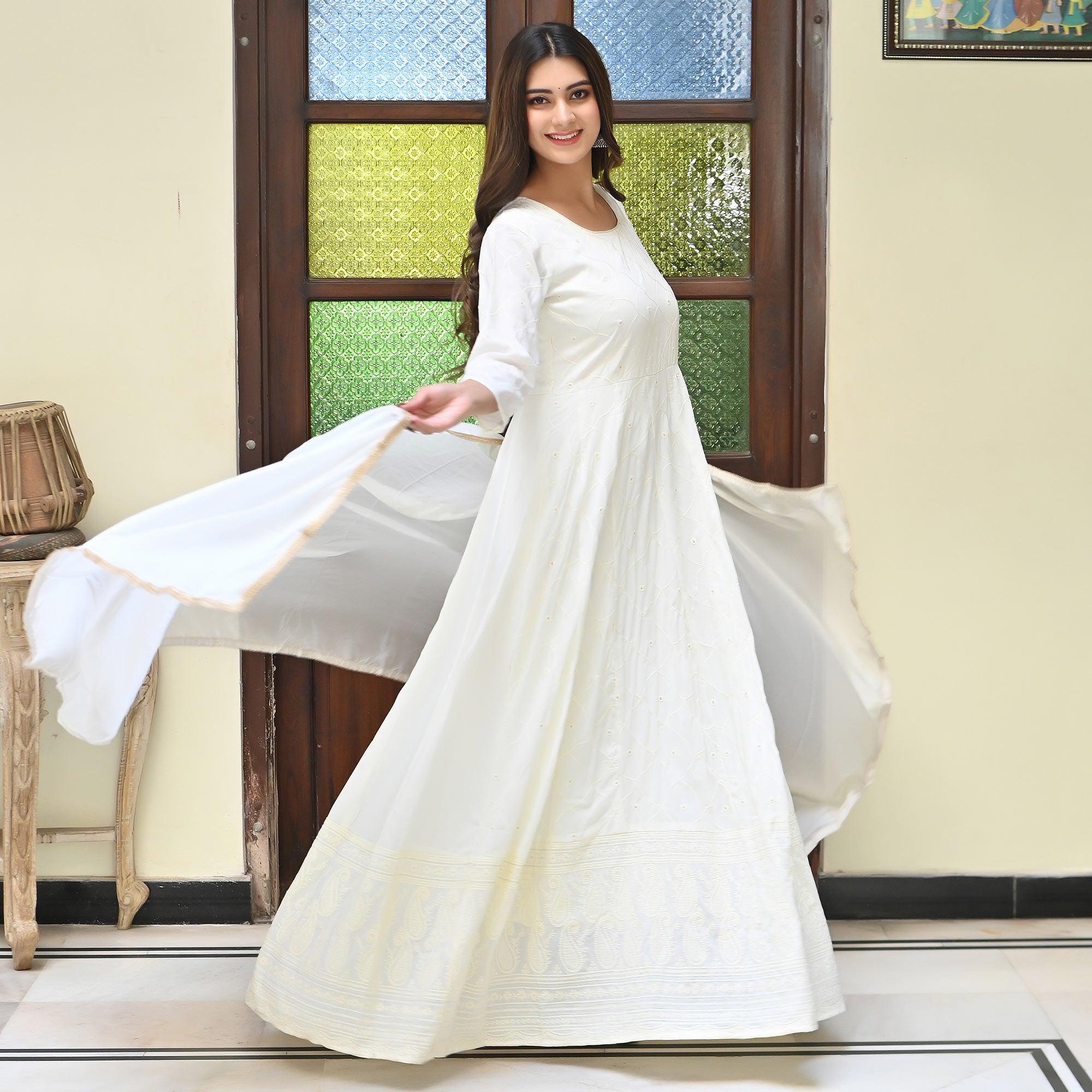 Peachmode Cream Chikankari Embroidered Georgette Gown