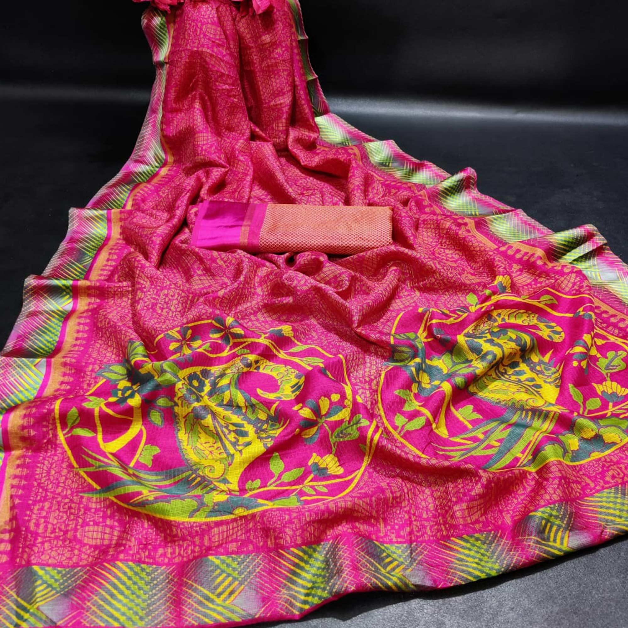 Peachmode Eye-Catching Pink Colored Casual Wear Printed Silk Saree