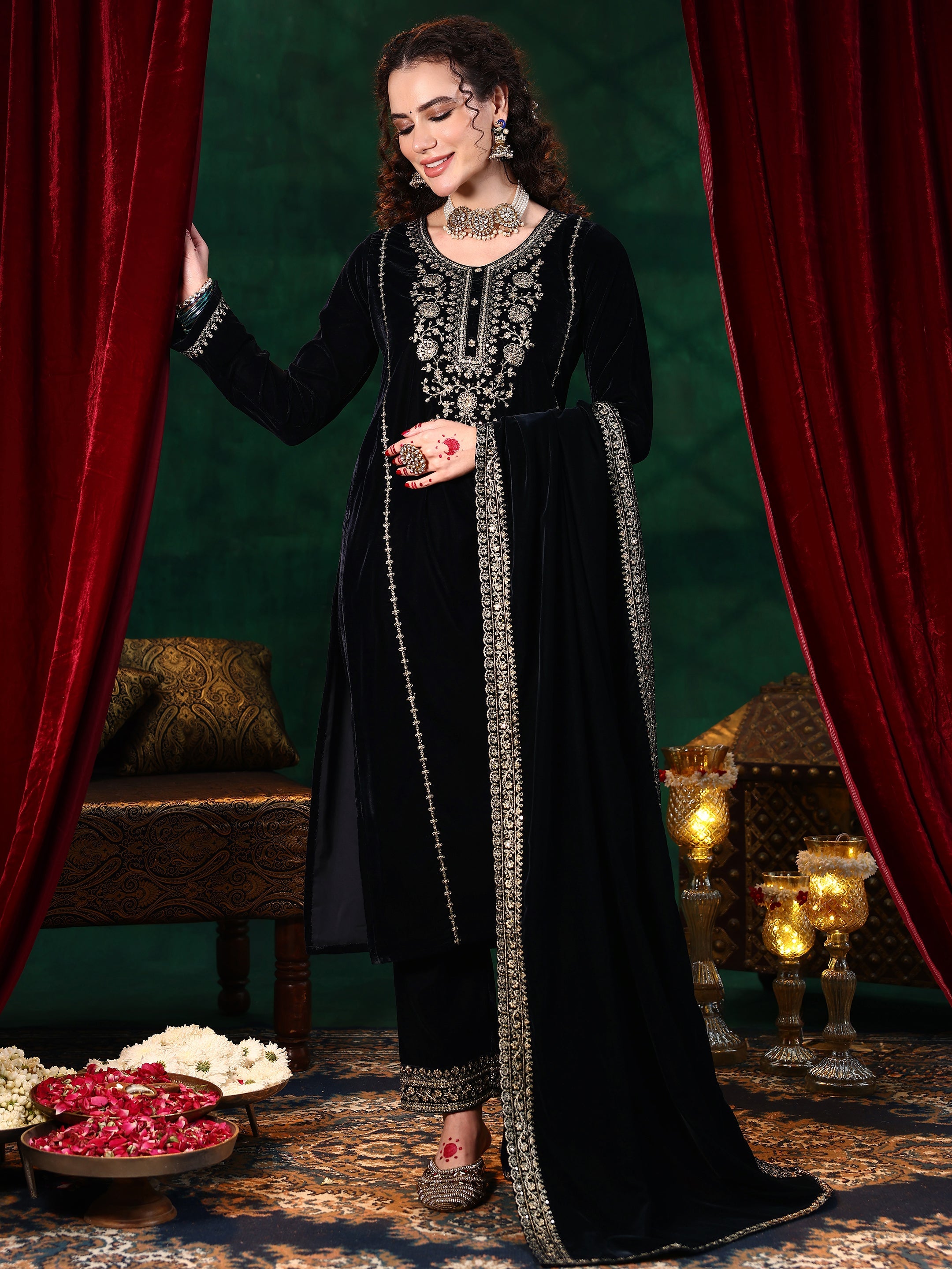 Libas Blue Yoke Design Velvet Straight Suit With Dupatta