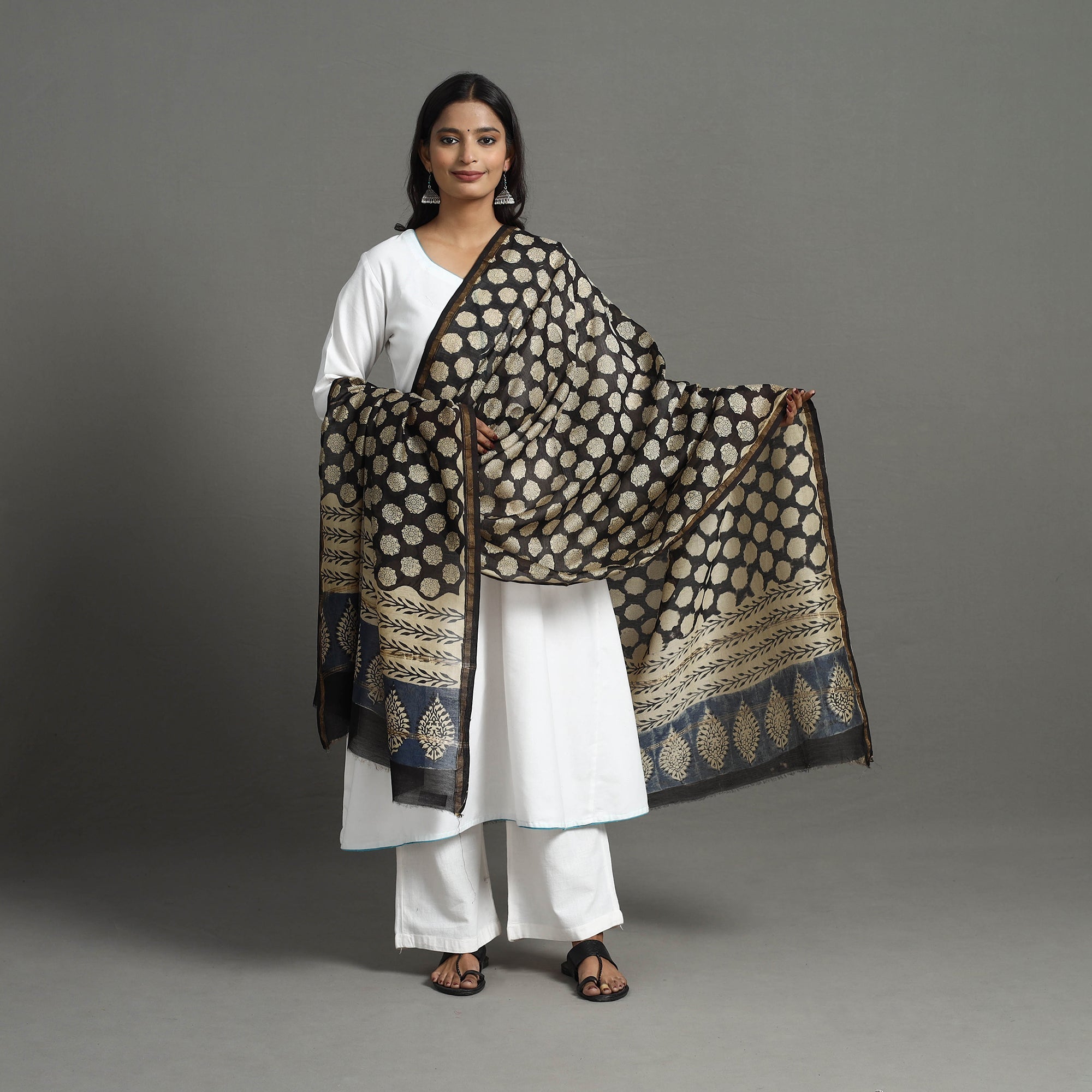 ARTISAN HAND BLOCK PRINTS Black - Chanderi Silk Bagru Print Dupatta with Zari Border 26