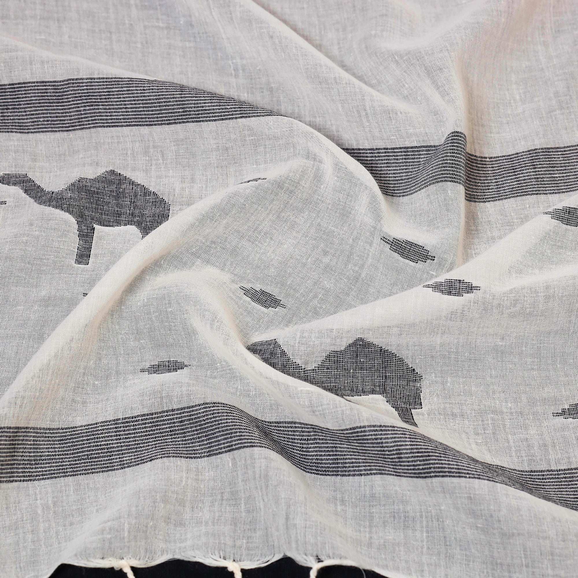 SASHA Beige - Phulia Jamdani Handloom Cotton Stole with Tassels - view 2