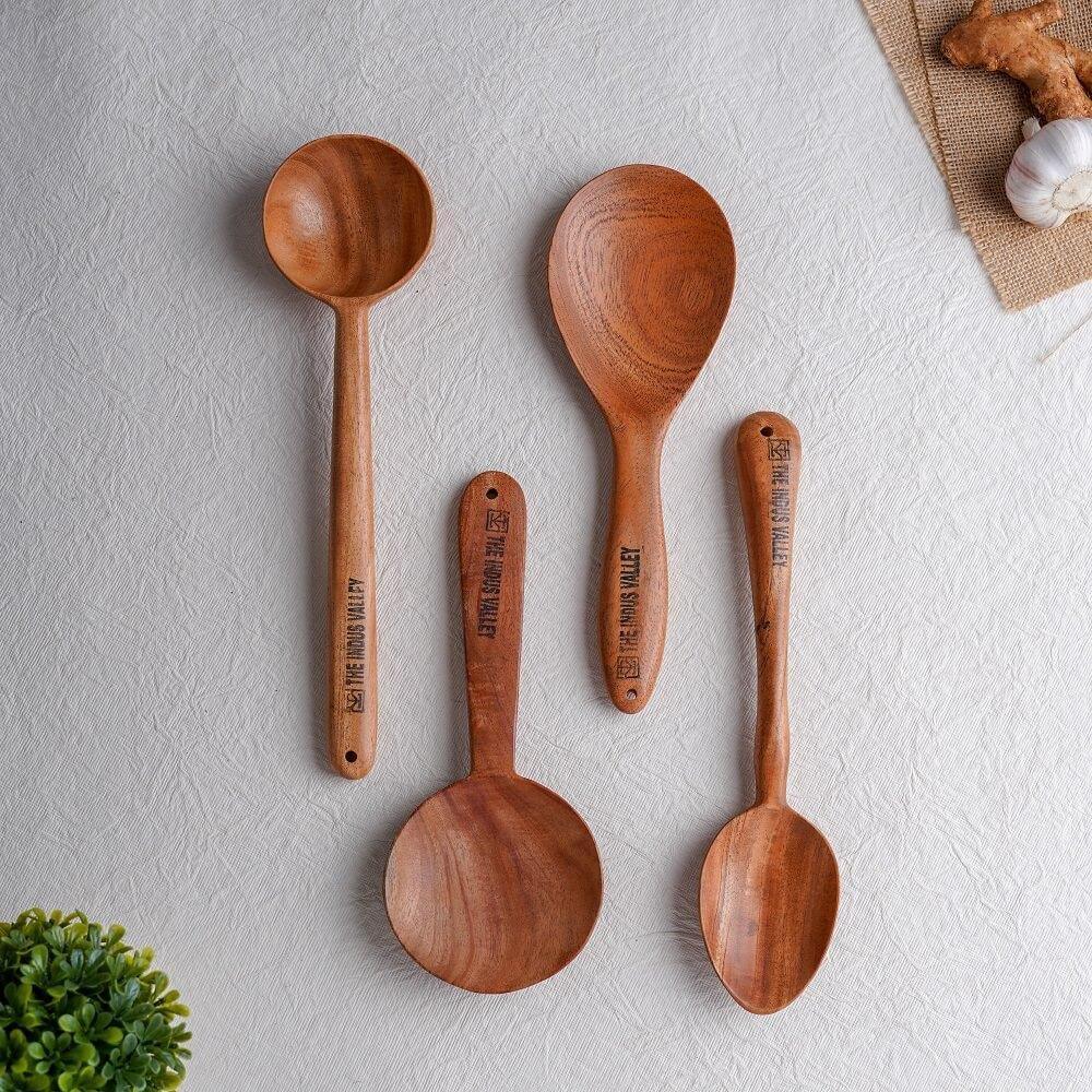The Indus Valley 100% Natural Neem Wood Cooking & Serving Spoons/Spatula/Ladles, Set of 4, Toxin-free, Anti-microbial