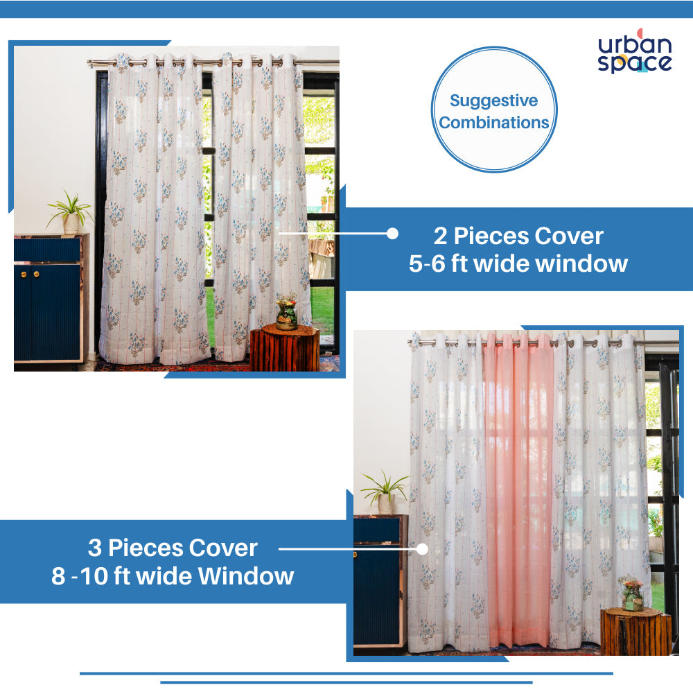 Urban Space -Home Furnishing Store Printed Sheer Linen Curtains, Light Filtering, Pack of 2 Curtains - Blue Dahlia