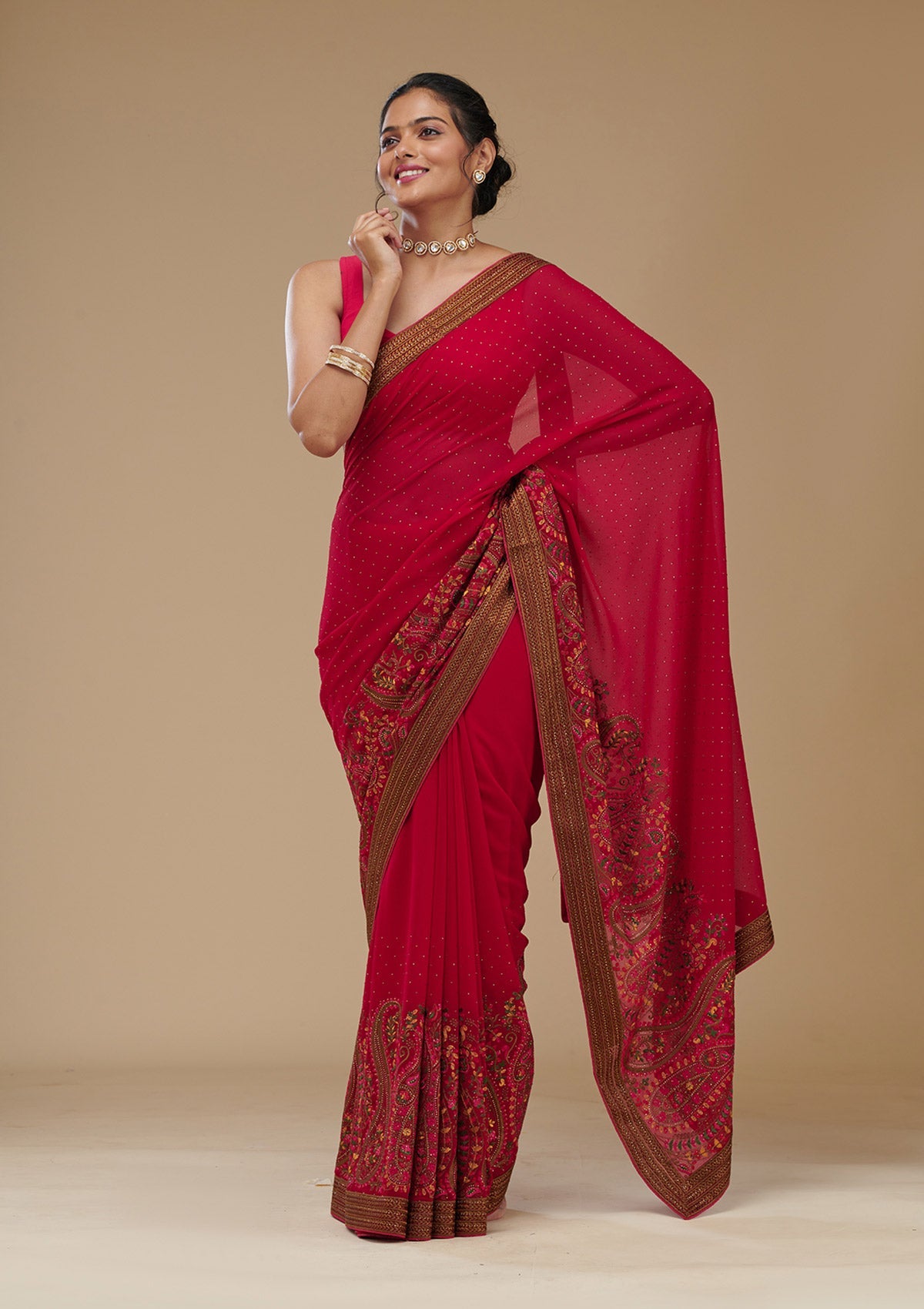 Koskii Rani Pink Threadwork Georgette Saree – Women's