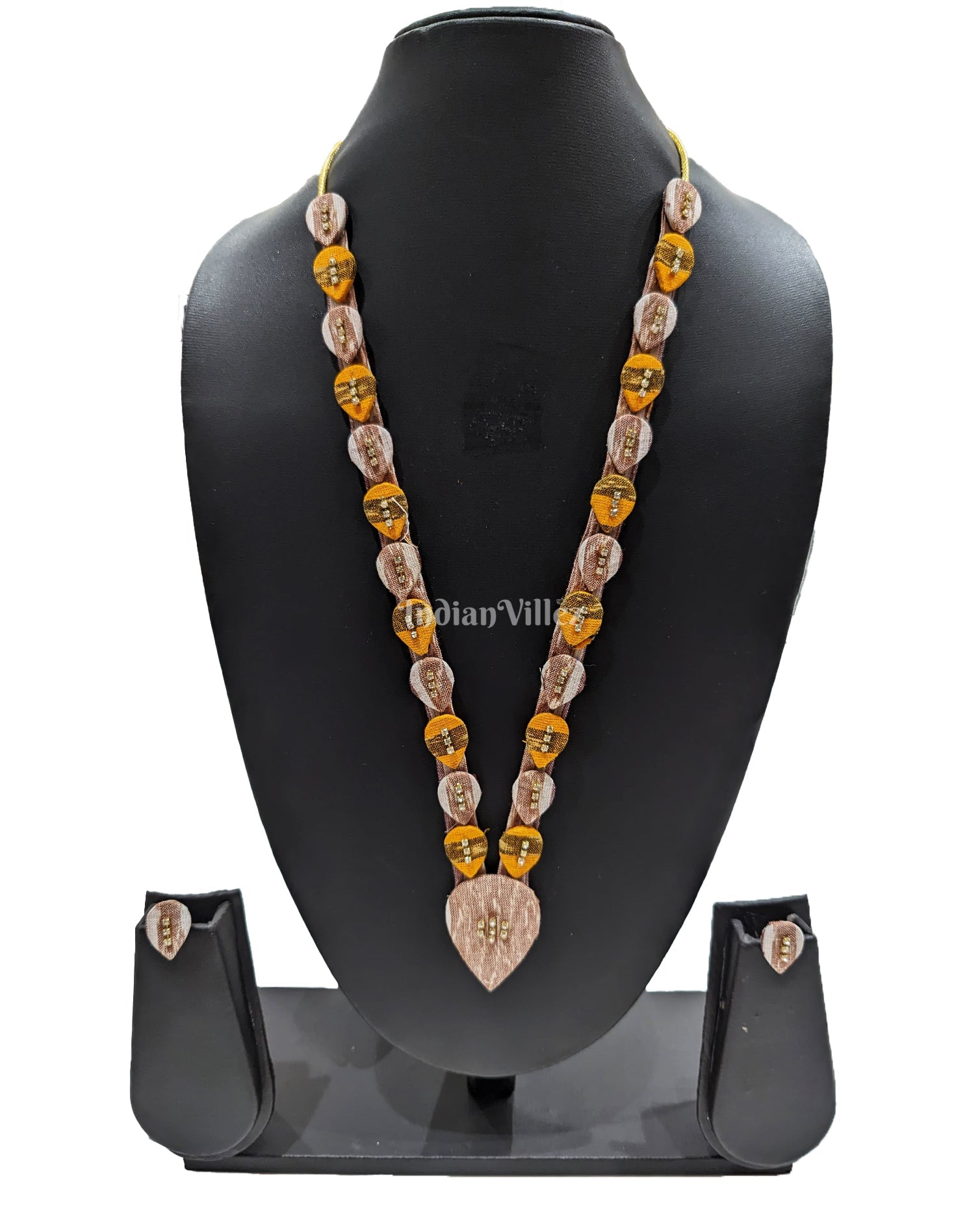 Necklace earrings set – IndianVillèz Beige Yellow Long Sambalpuri Fabric Choker Jewellery - Necklace & Earrings Set