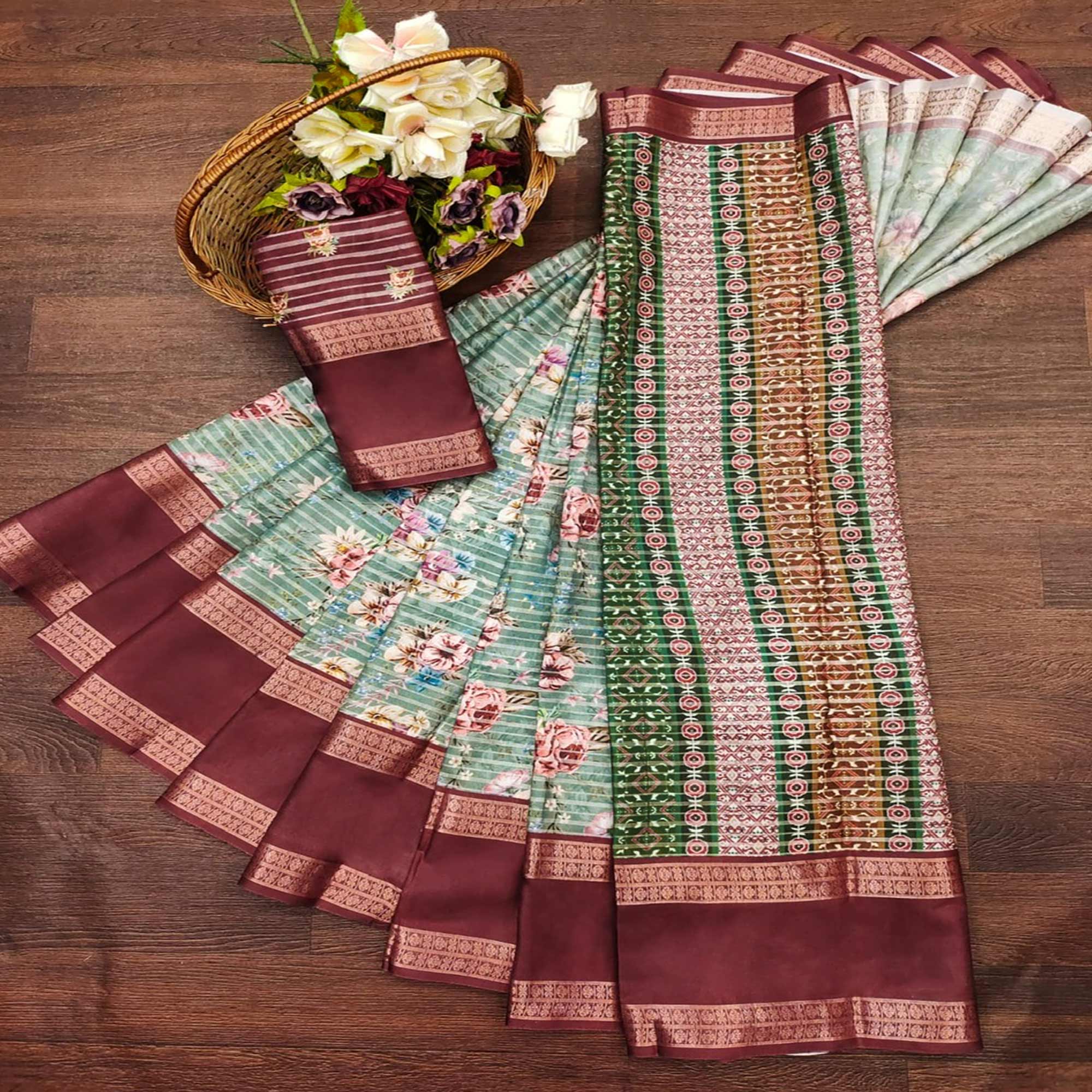 Peachmode Mint Green Floral Digital Printed Cotton Silk Saree