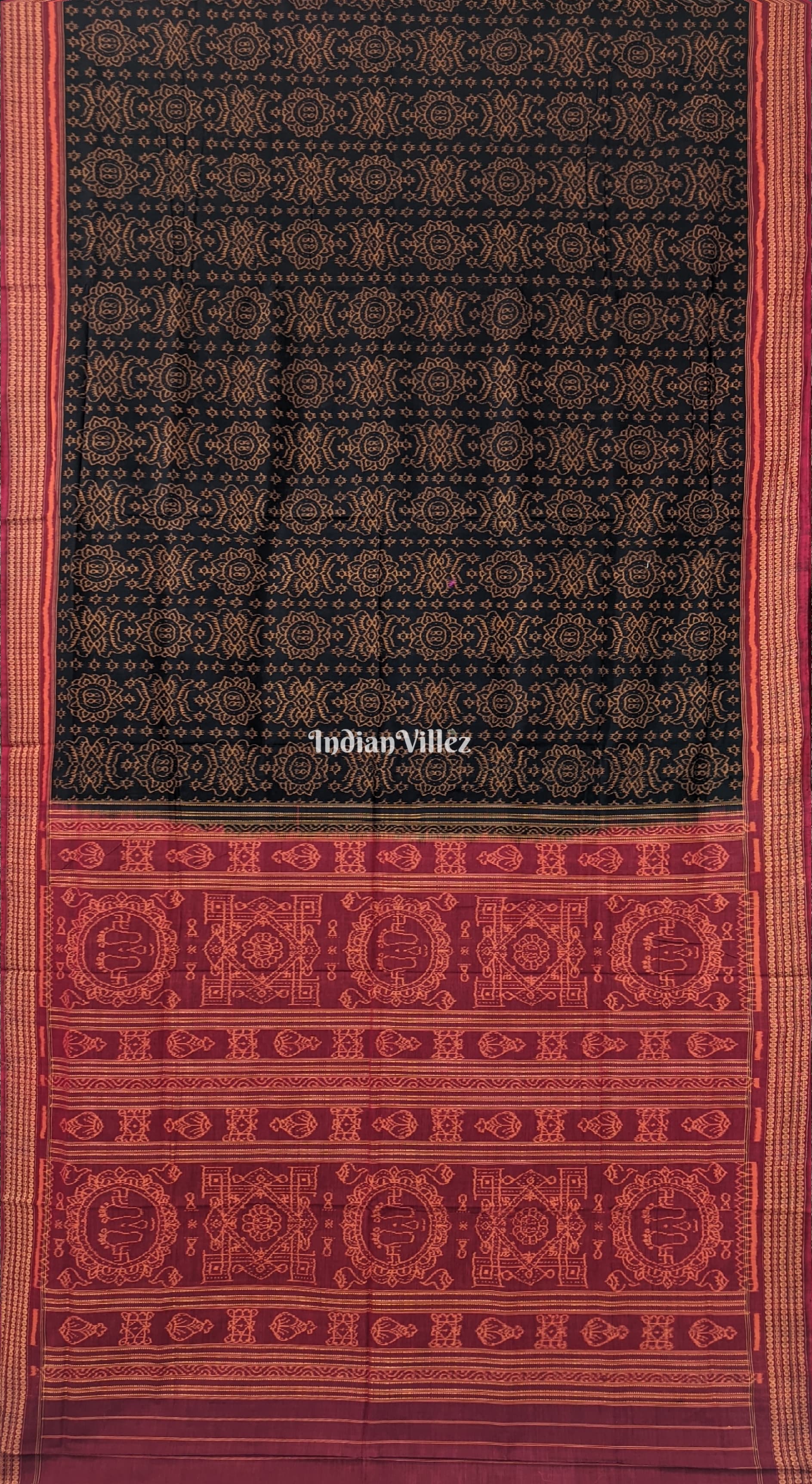 IndianVillèz Black With Red border Odisha Ikat Sambalpuri Pure Cotton Saree