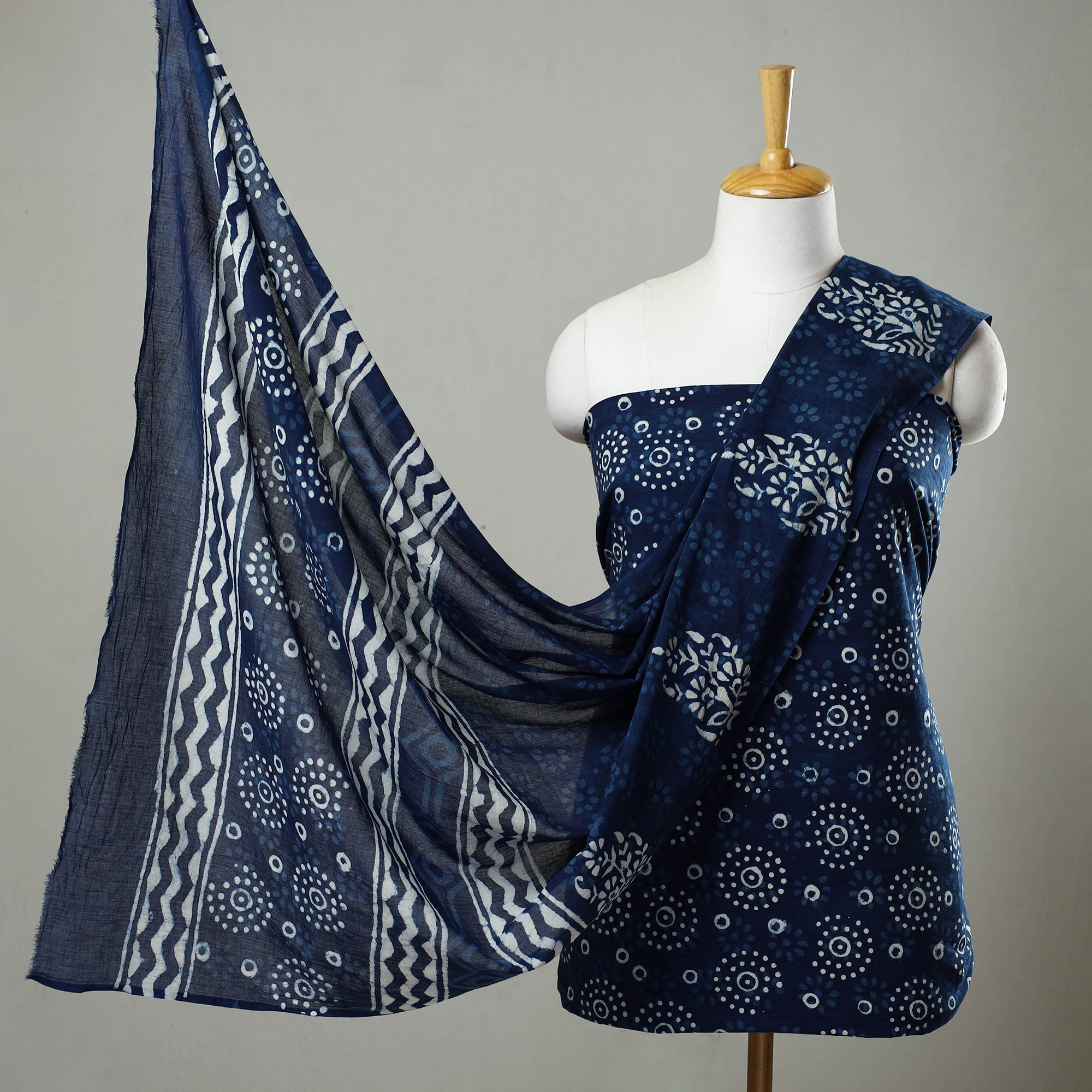 ARTISAN HAND BLOCK PRINTS Blue - 3pc Cotton Indigo Bagru Print Dress Material Set 24