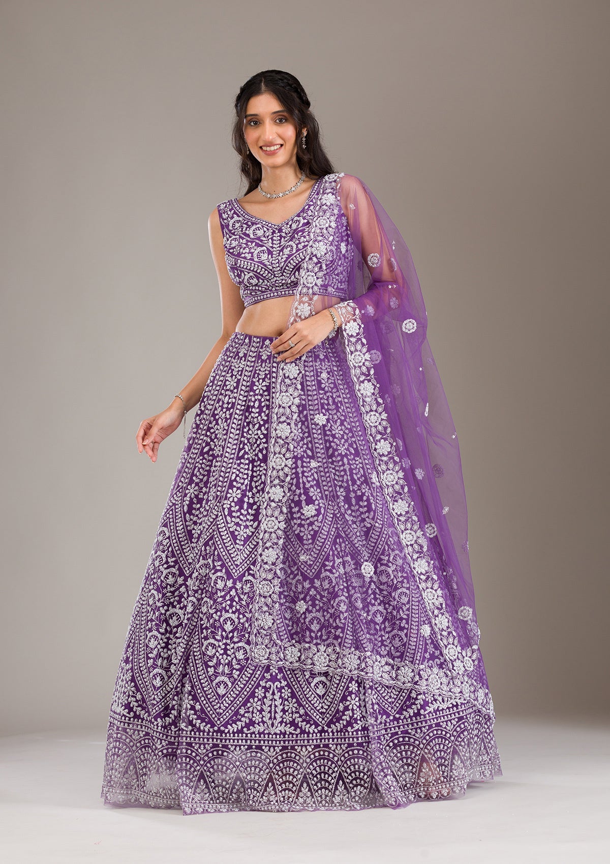 Koskii Purple Pearlwork Net Readymade Lehenga