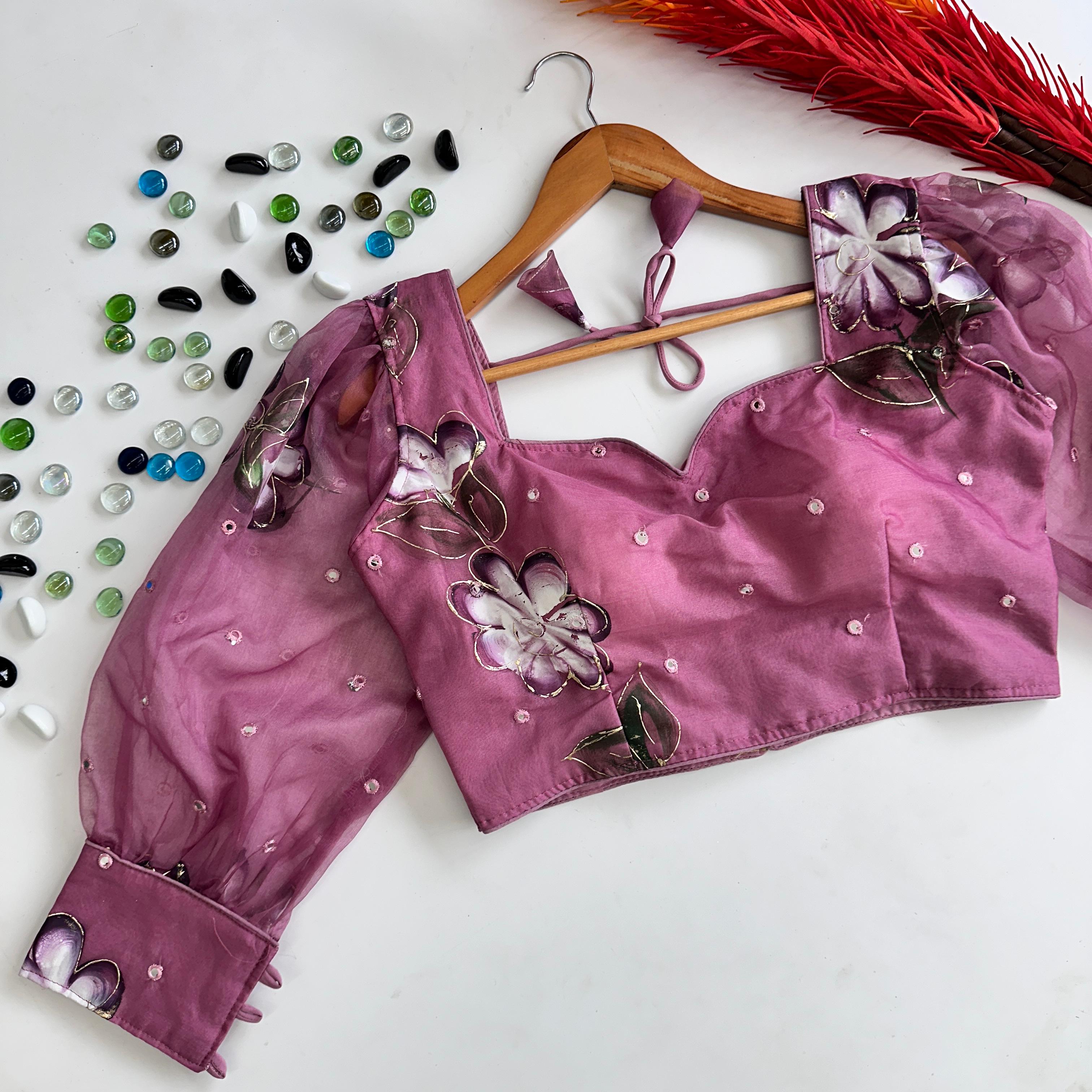 ClothsVilla Light Purple Hand-Painted Organza Silk Blouse with Embroidery Accents - view 2