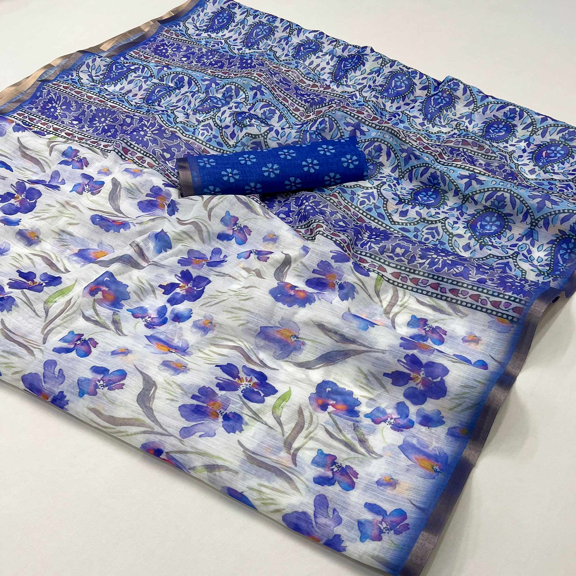 Peachmode White & Blue Floral Digital Printed Linen Saree With Zari Border