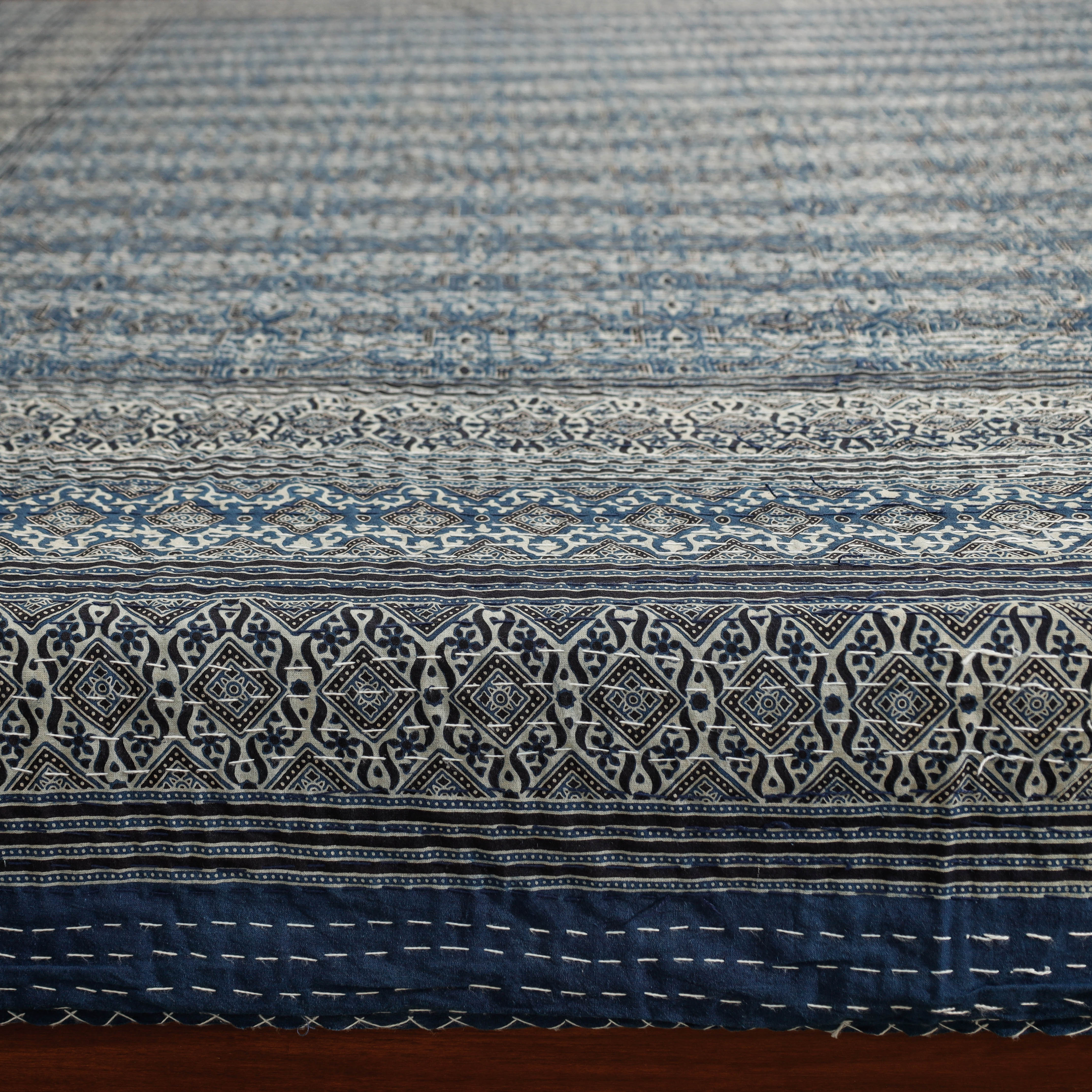 SHADES OF MARUDHARA Blue - Ajrakh Block Printed Kantha Work Cotton Double Bed Cover (105 x 90 in) - view 2