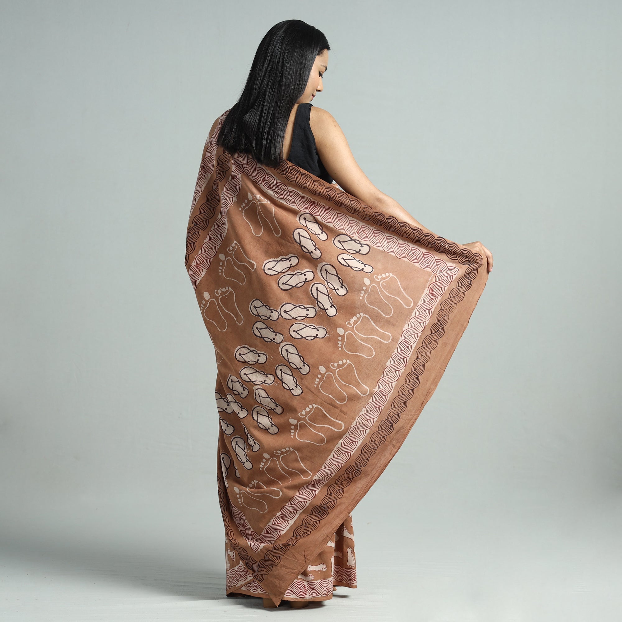 BINDAAS UNLIMITED Brown - Bindaas Art Block Printed Natural Dyed Cotton Saree 36 - view 6
