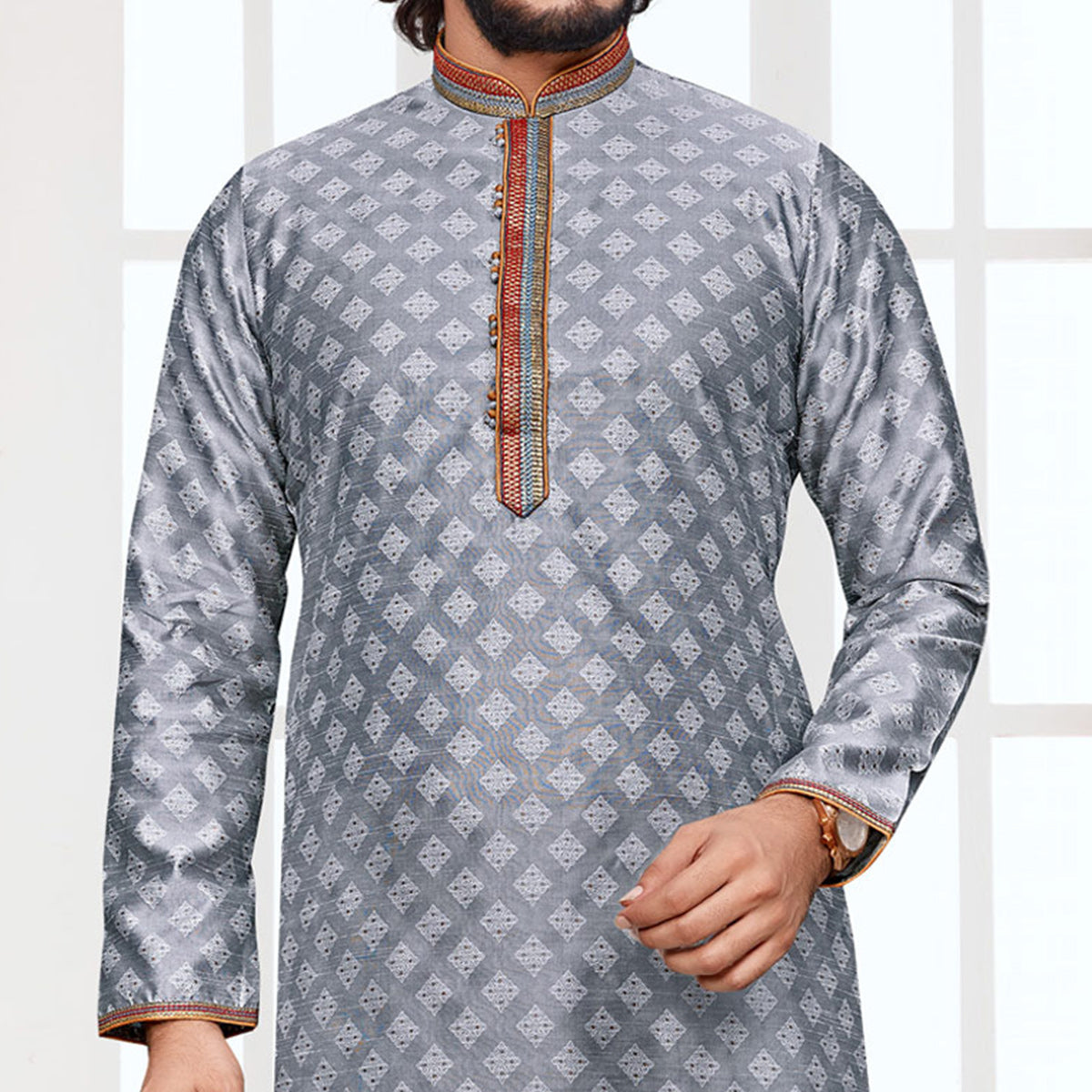 Peachmode Seller Grey Woven Jacquard Kurta Pyjama Set - view 3
