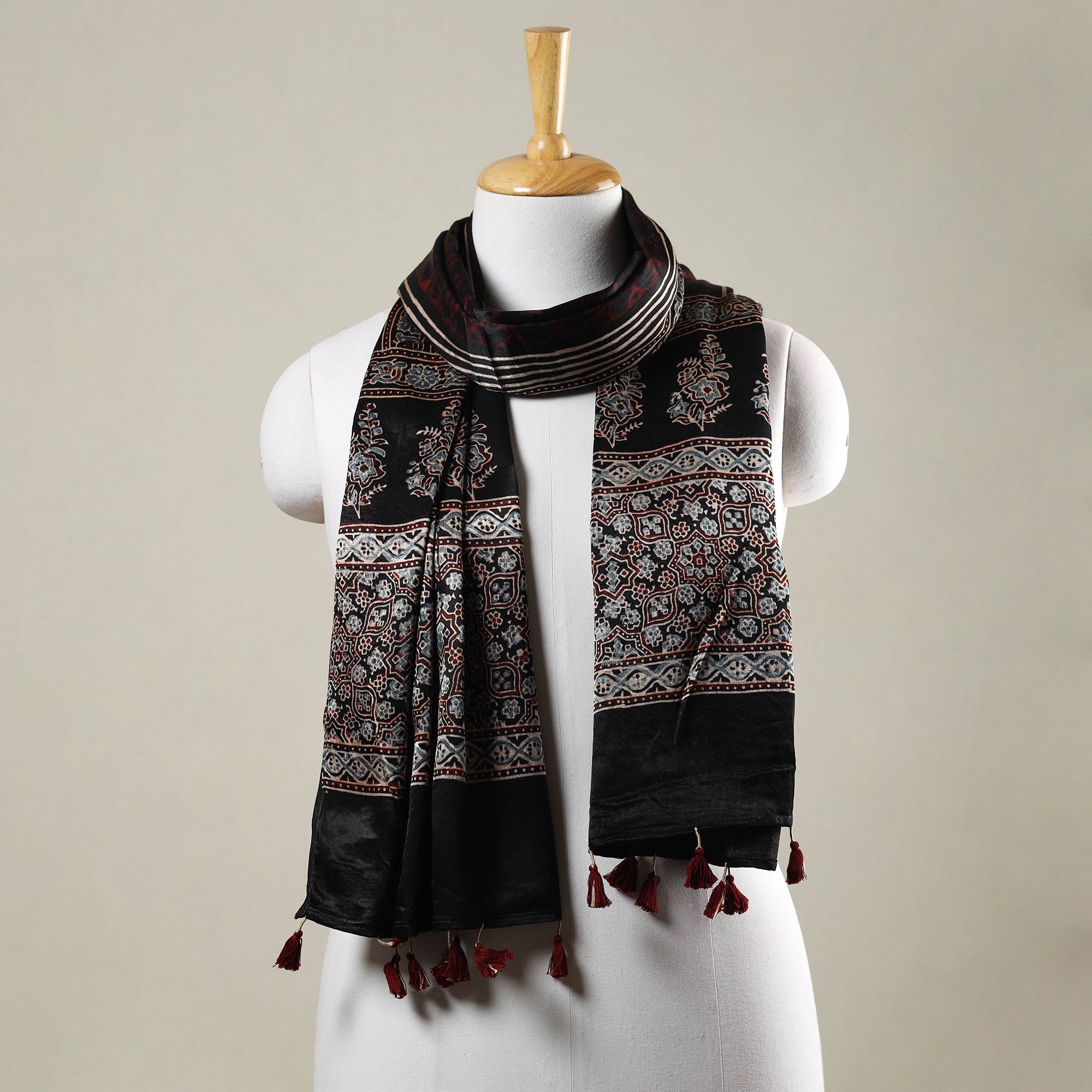 RIYAZ ABDULMAJID KHATRI - AJRAKH Black - Ajrakh Hand Block Printed Mashru Silk Stole with Tassels