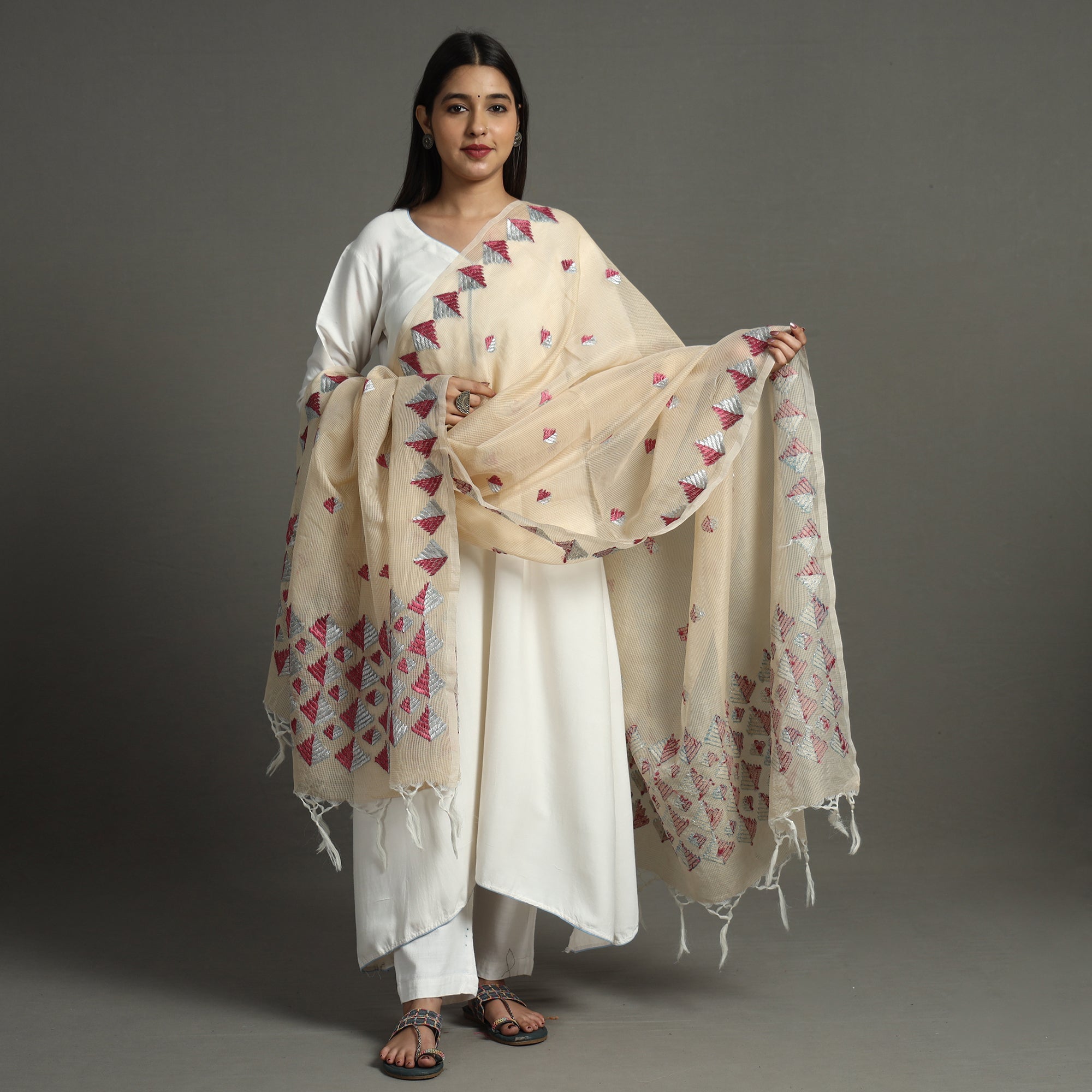 ITOKRI CRAFTS INITIATIVE Beige - Phulkari Hand Embroidery Kota Doria Chanderi Silk Dupatta with Tassels 20 - view 2