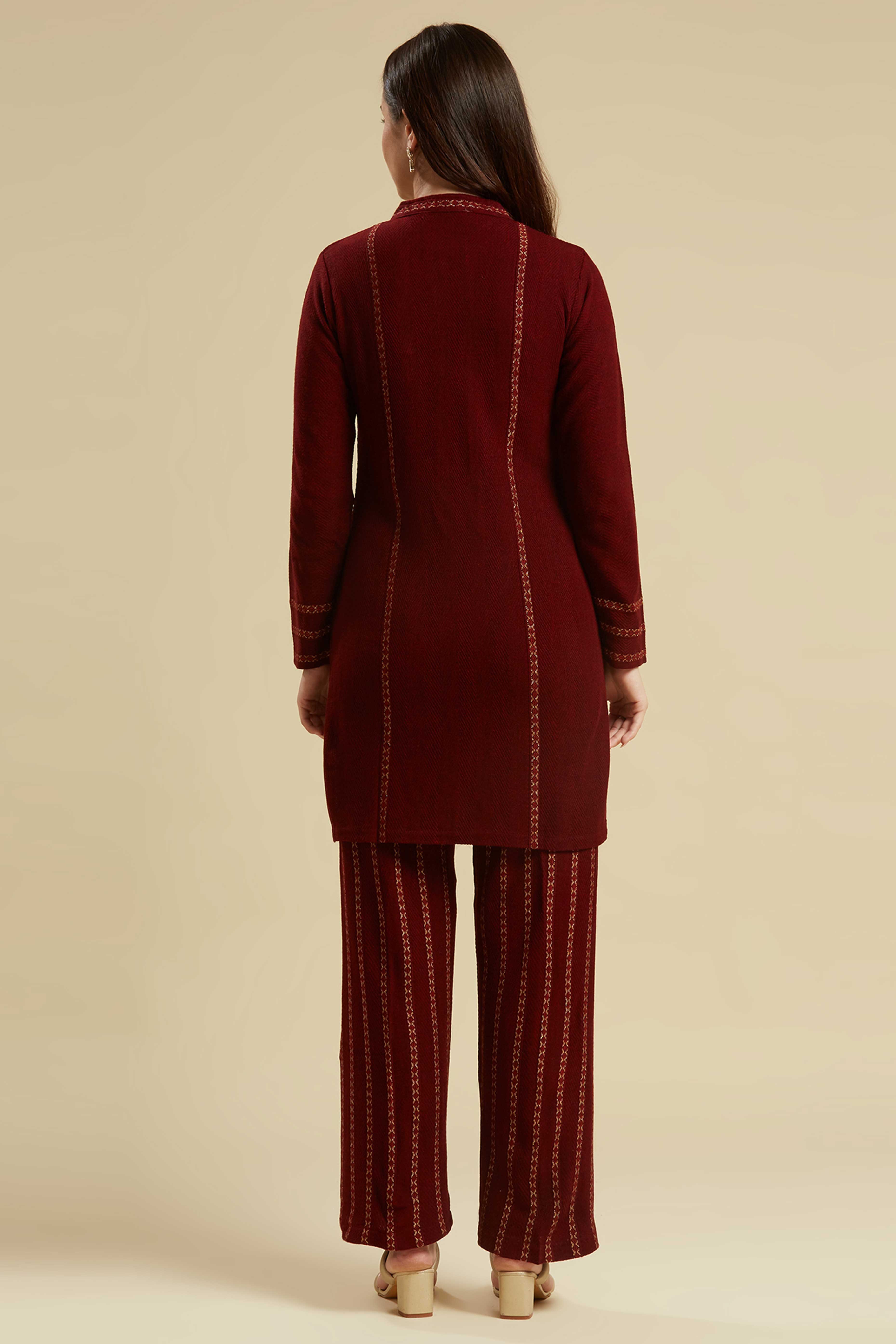 Peachmode Maroon Woven Woolen Straight Top Bottom Set - view 3