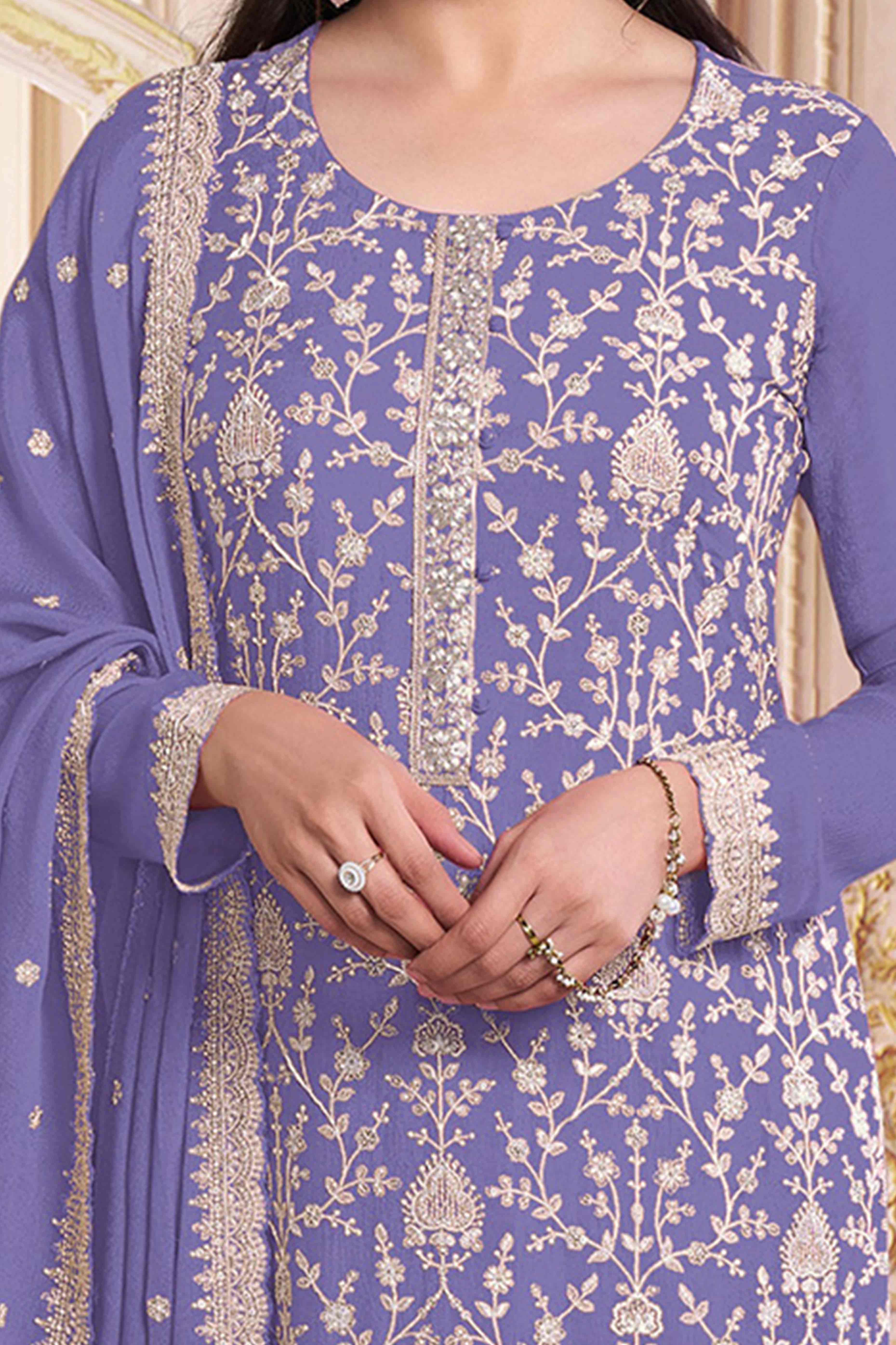 Peachmode Lavender Floral Sequins Embroidery Georgette Semi Stitched Salwar Suit - view 2