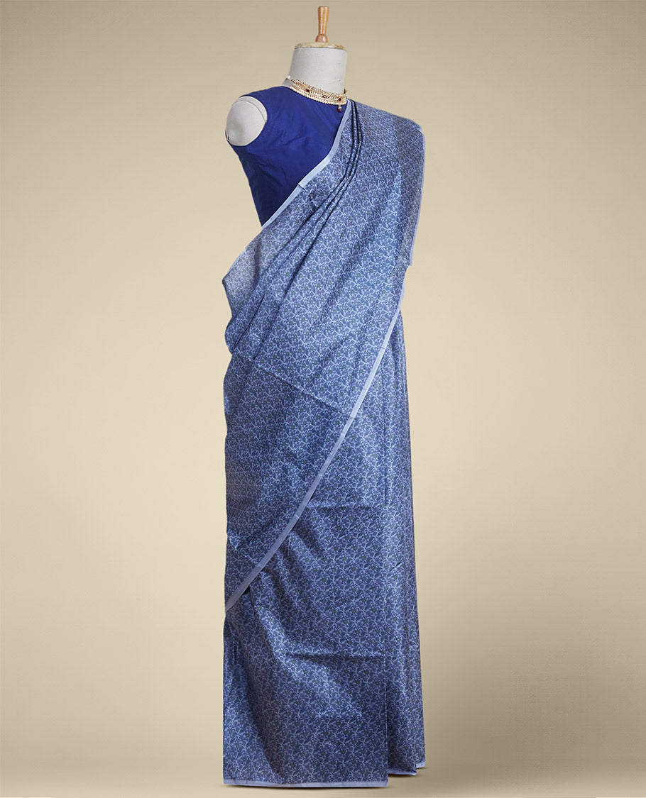 Pothys Blue floral design printed silk saree with contrast plain border - view 2
