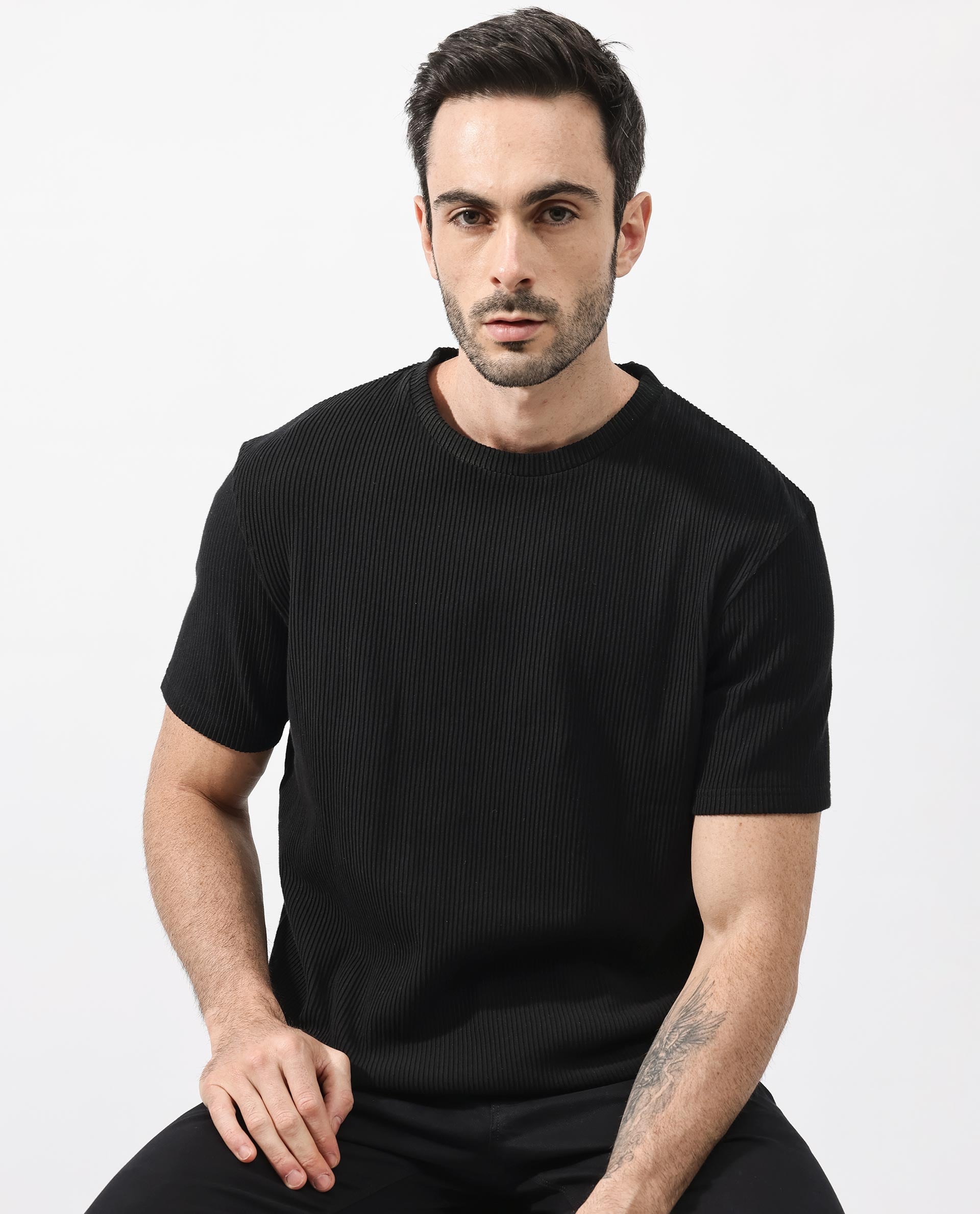 Rare Rabbit Men's Bree Black Crew Neck Ottoman Textured Drop Shoulder Half Sleeves Oversized Fit T-Shirt - view 9