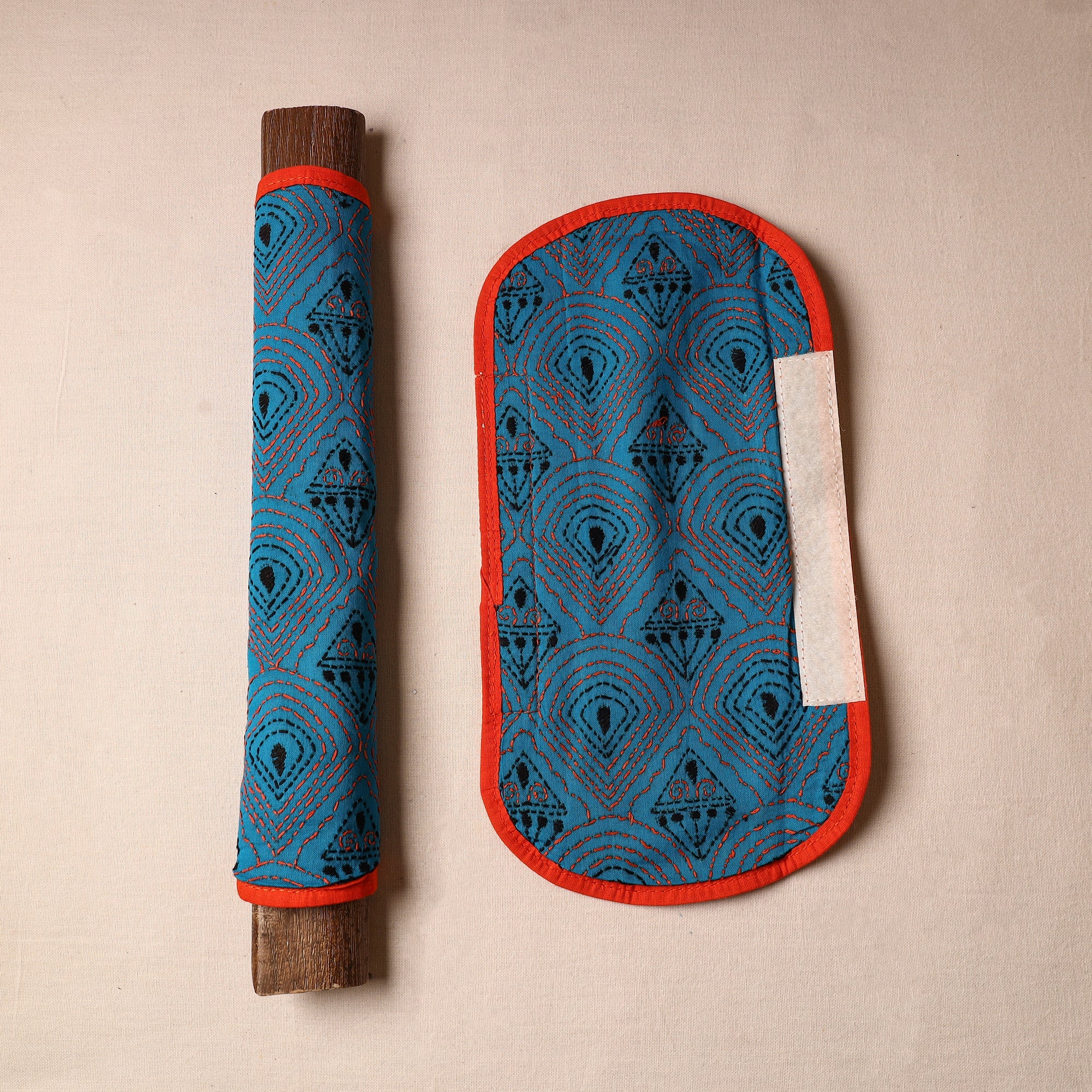 ASALKAAR Blue - Bengal Kantha Work Handmade Fridge Handle Cover (Set of 2) 49