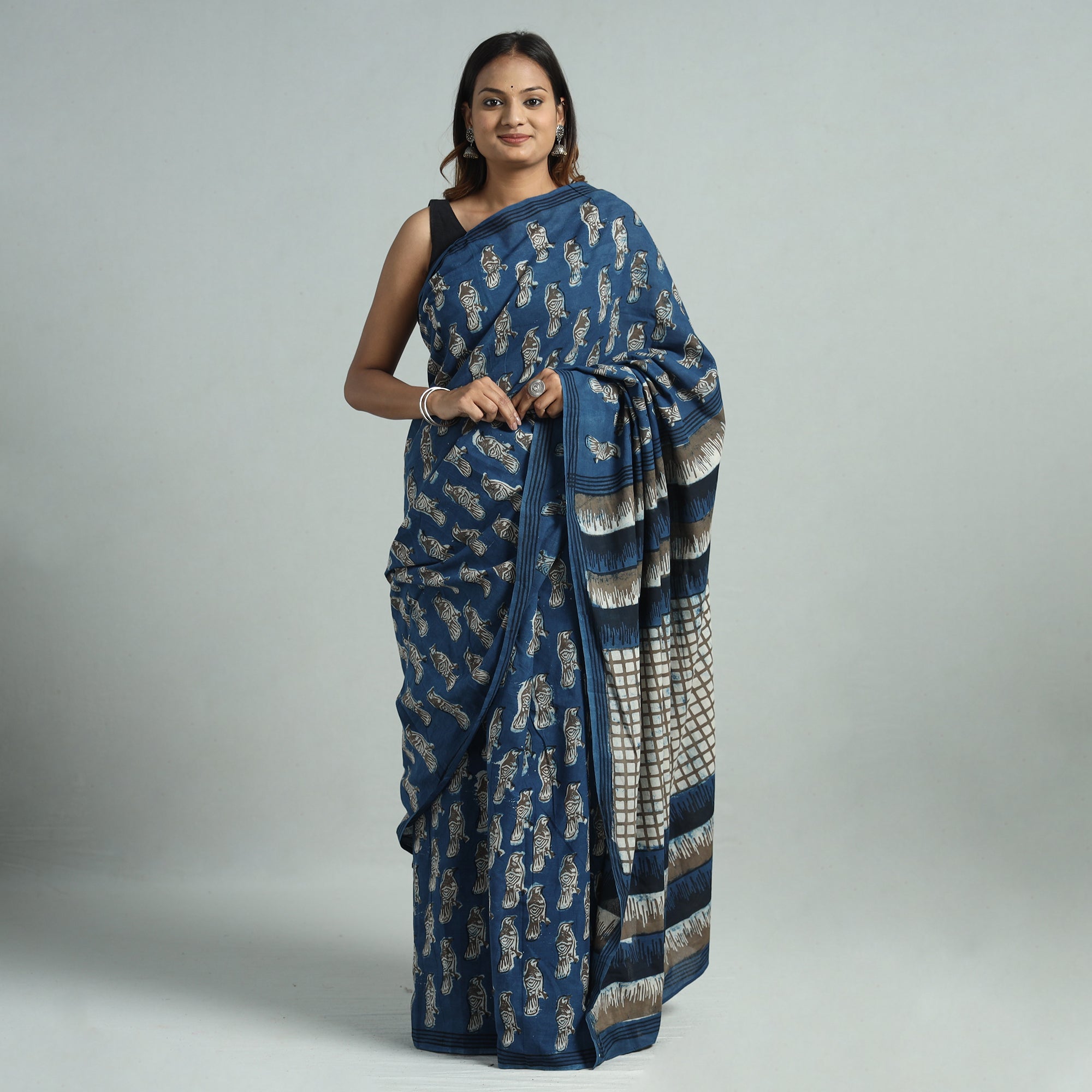 BINDAAS UNLIMITED Blue - Bindaas Art Block Printed Natural Dyed Cotton Saree 21