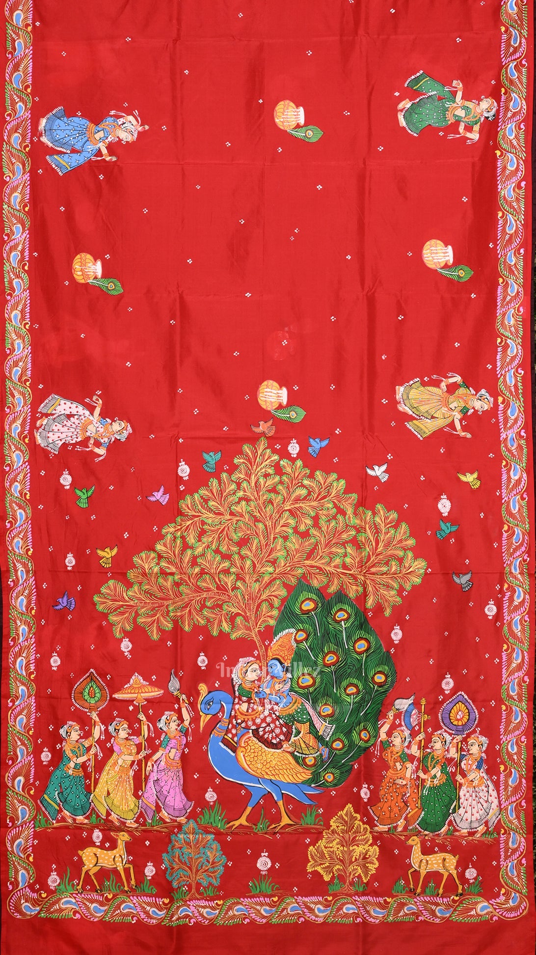 IndianVillèz Red with Coffee Rasaleela Theme Hand-Painted Pattachitra Saree