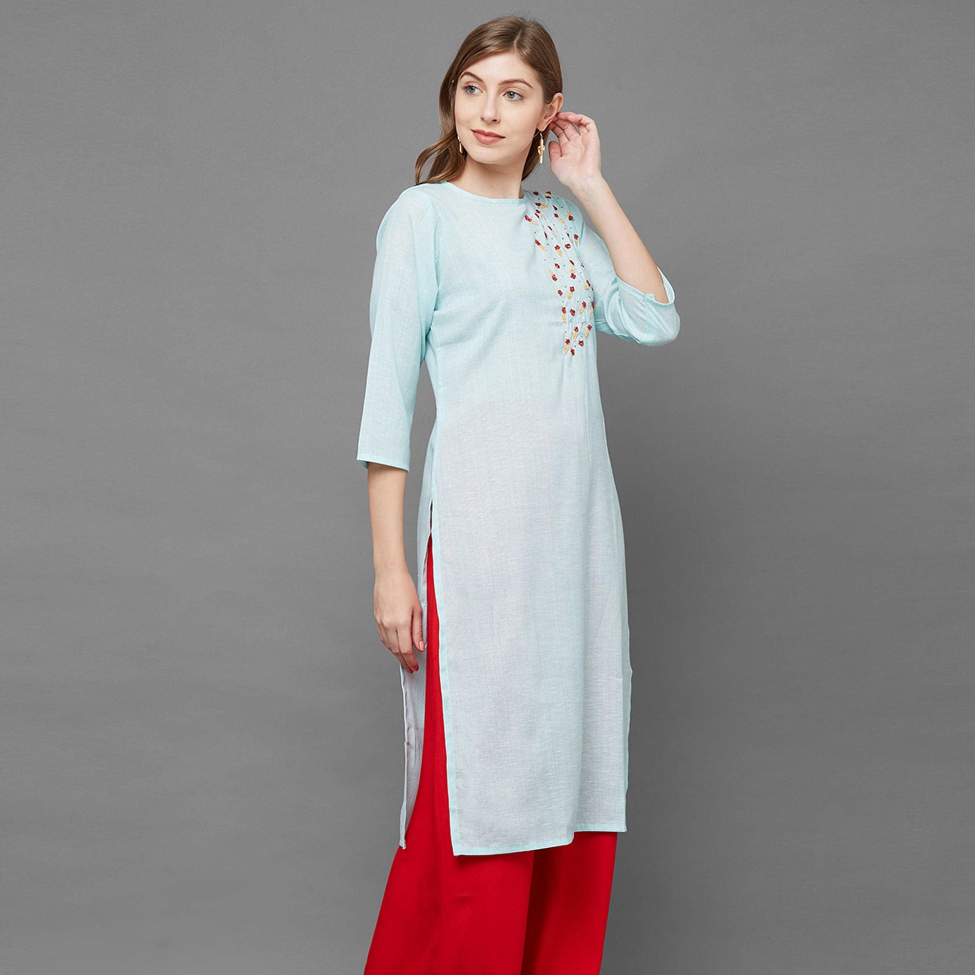 Peachmode Intricate Sky Blue Colored Casual Hand Embroidered Cotton Kurti - view 4
