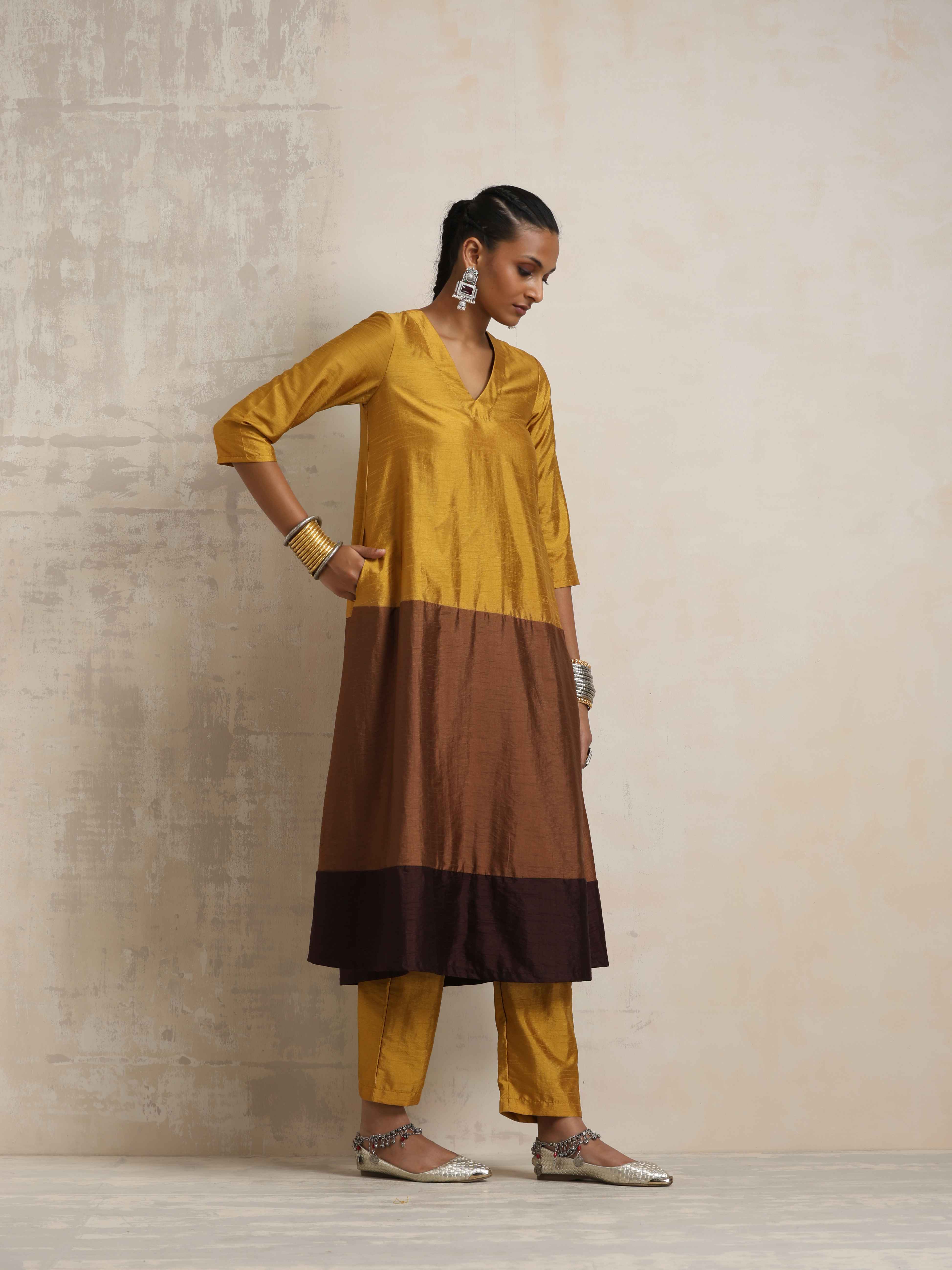 trueBrowns Gold Brown Silk A-line Kurta Set - view 4