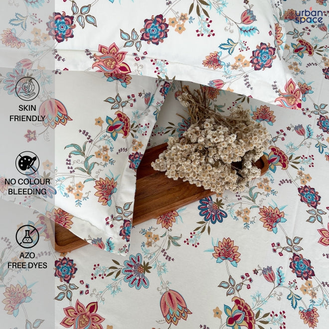 Urban Space -Home Furnishing Store Serene 200 TC 100% Cotton Single Printed Bedsheet with Pillow Covers - Paradise Peach & Blue - view 3
