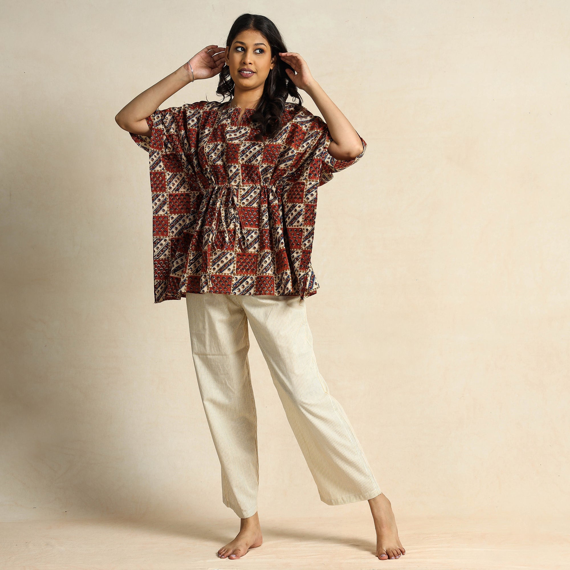CHUTNEY CRAFT STUDIO Brown - Hand Block Printed Cotton Kaftan & Pyjama Night Suit Set