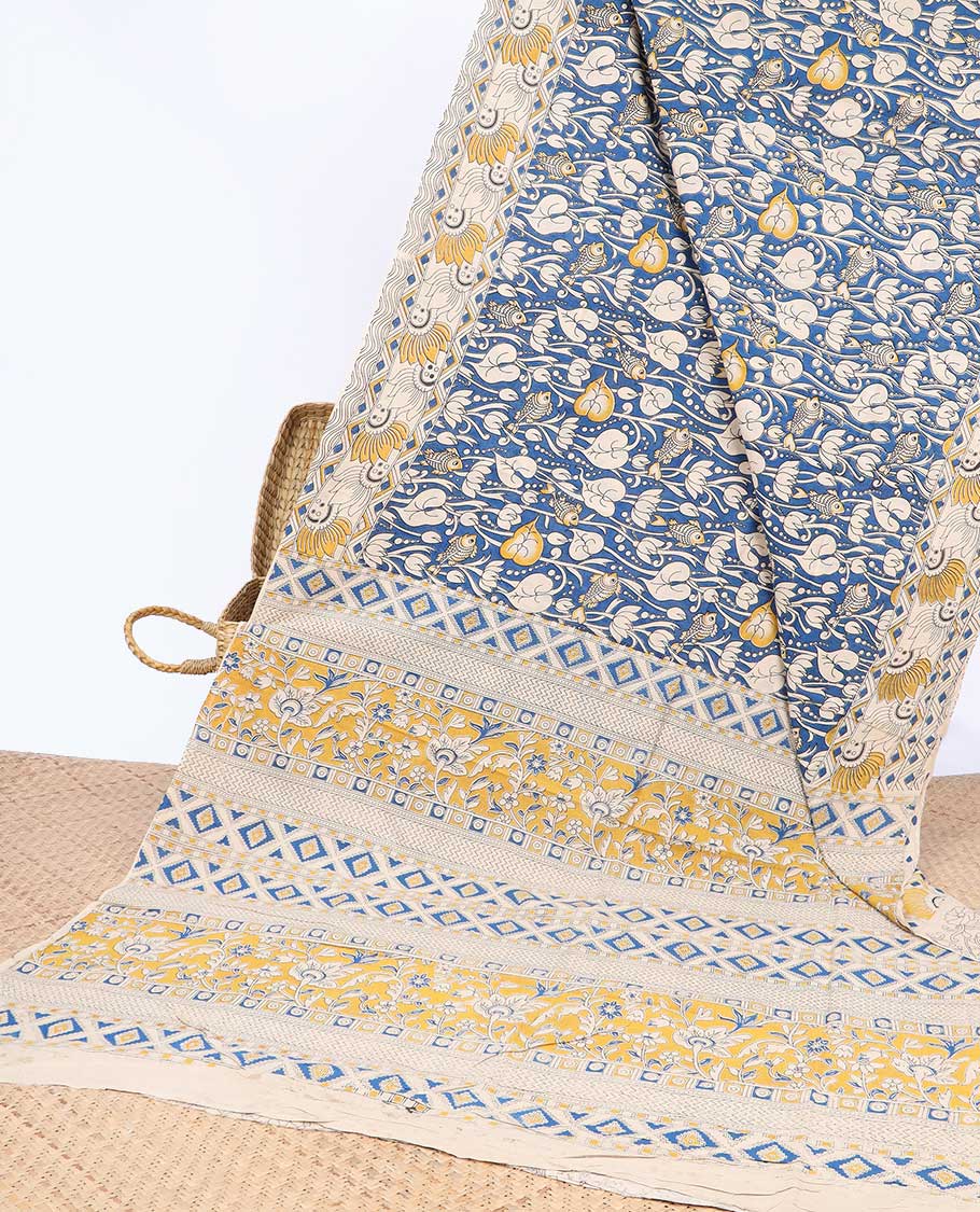 Pothys Blue unique floral machine-printed kalamkari cotton saree, contrast floral border & floral & diamond pallu