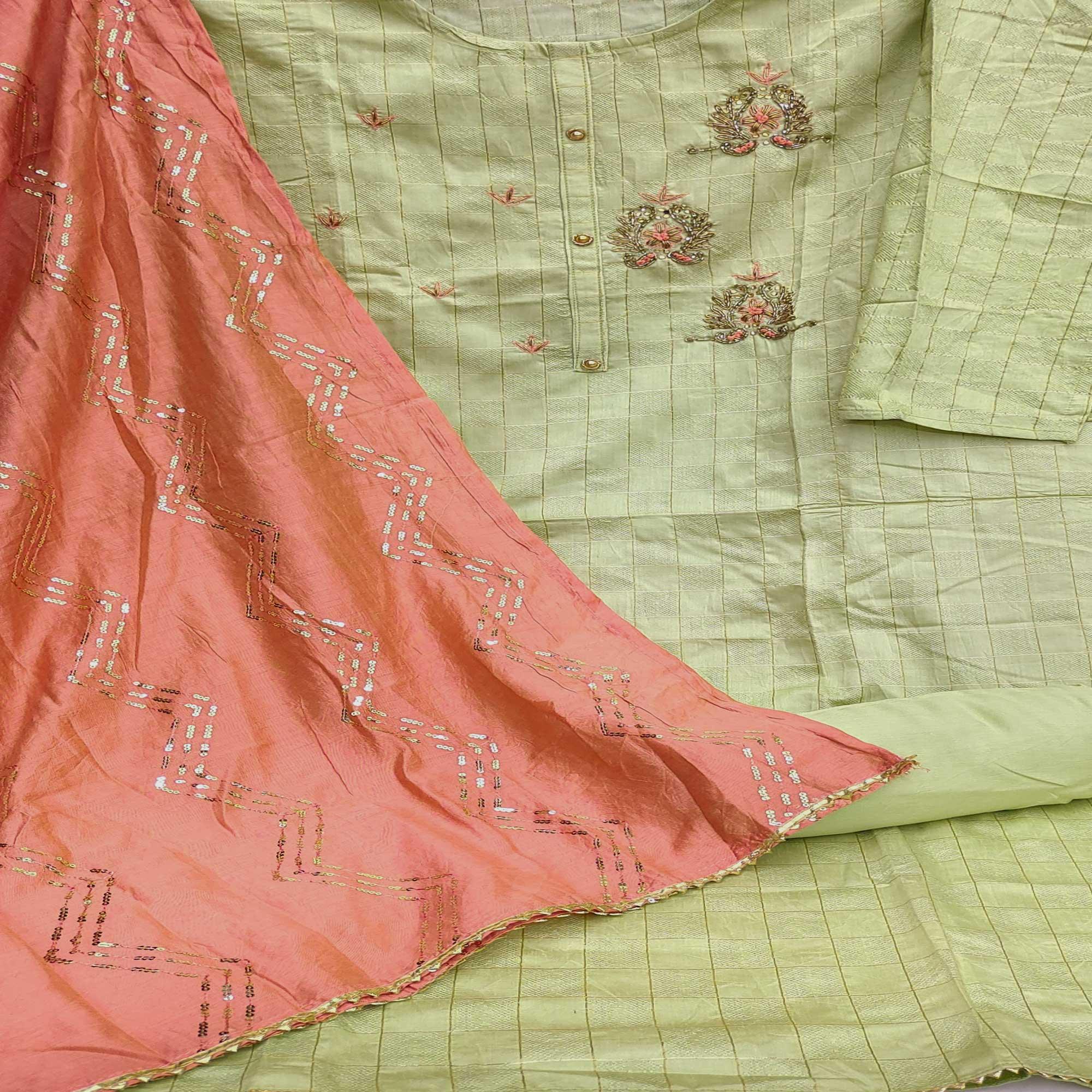 Peachmode Light Green Casual Wear Embroidered Cotton Dress Material - view 2