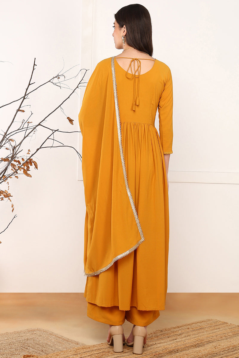 Ahika Mustard Yellow Georgette Solid Embroidered Straight Palazzo Suit Set PKSKD2521YLW - view 5