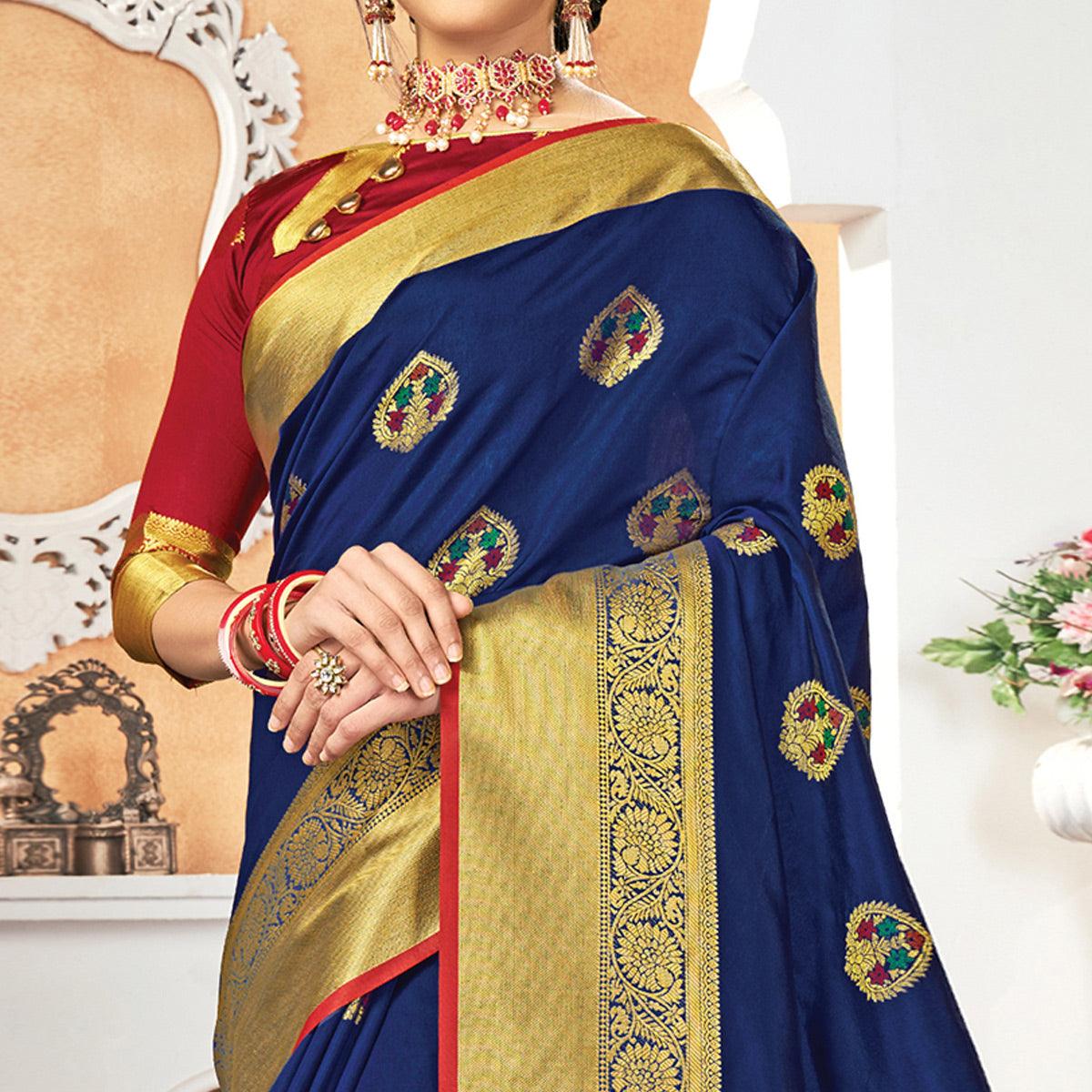 Peachmode Jazzy Navy Blue Colored Festive Wear Woven Silk Saree - view 2