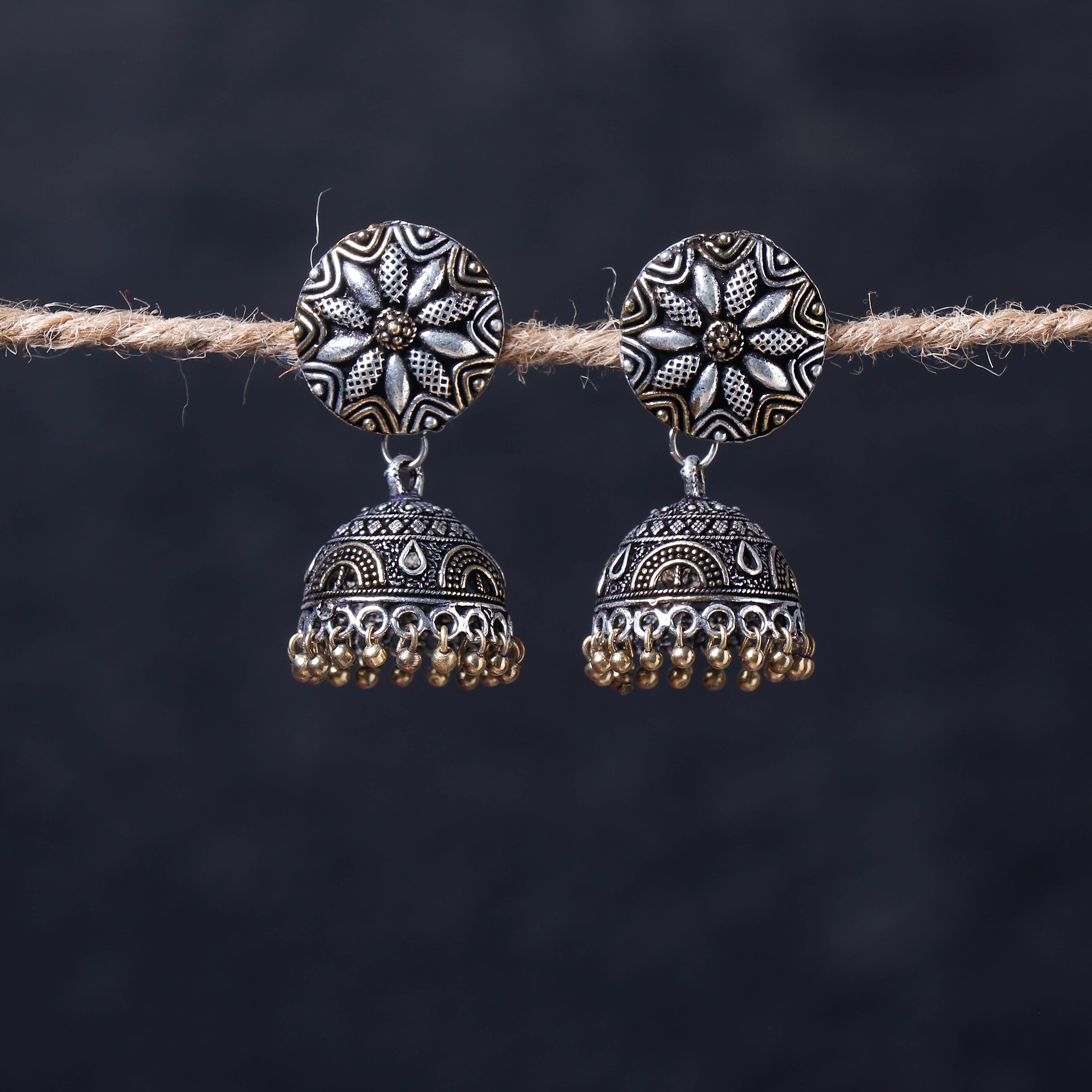 WHITE RIVER STORIES Antique Silver Finish Oxidised Brass Base Jhumka Earrings