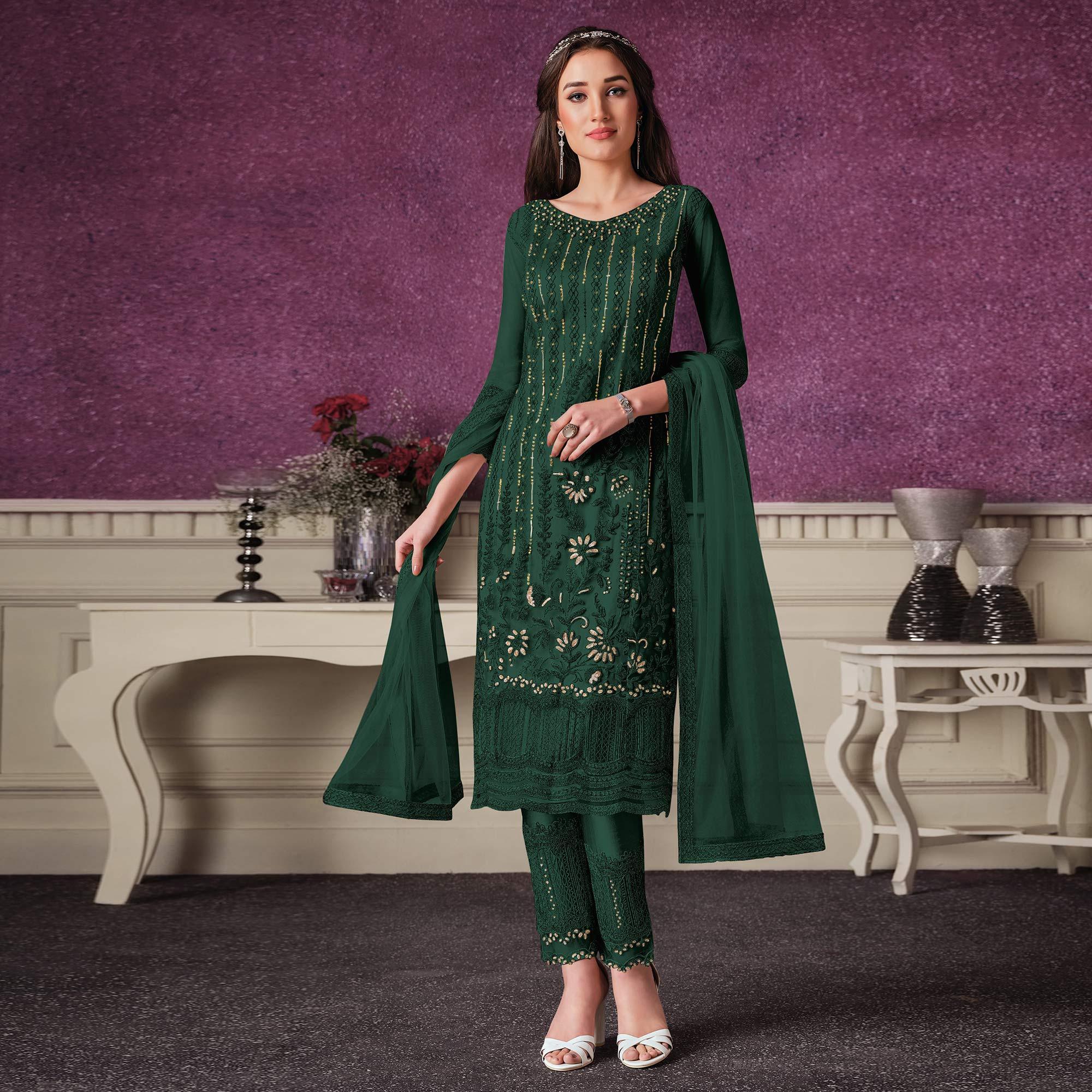 Peachmode Dark Green Embroidered Butterfly Net Partywear Suit