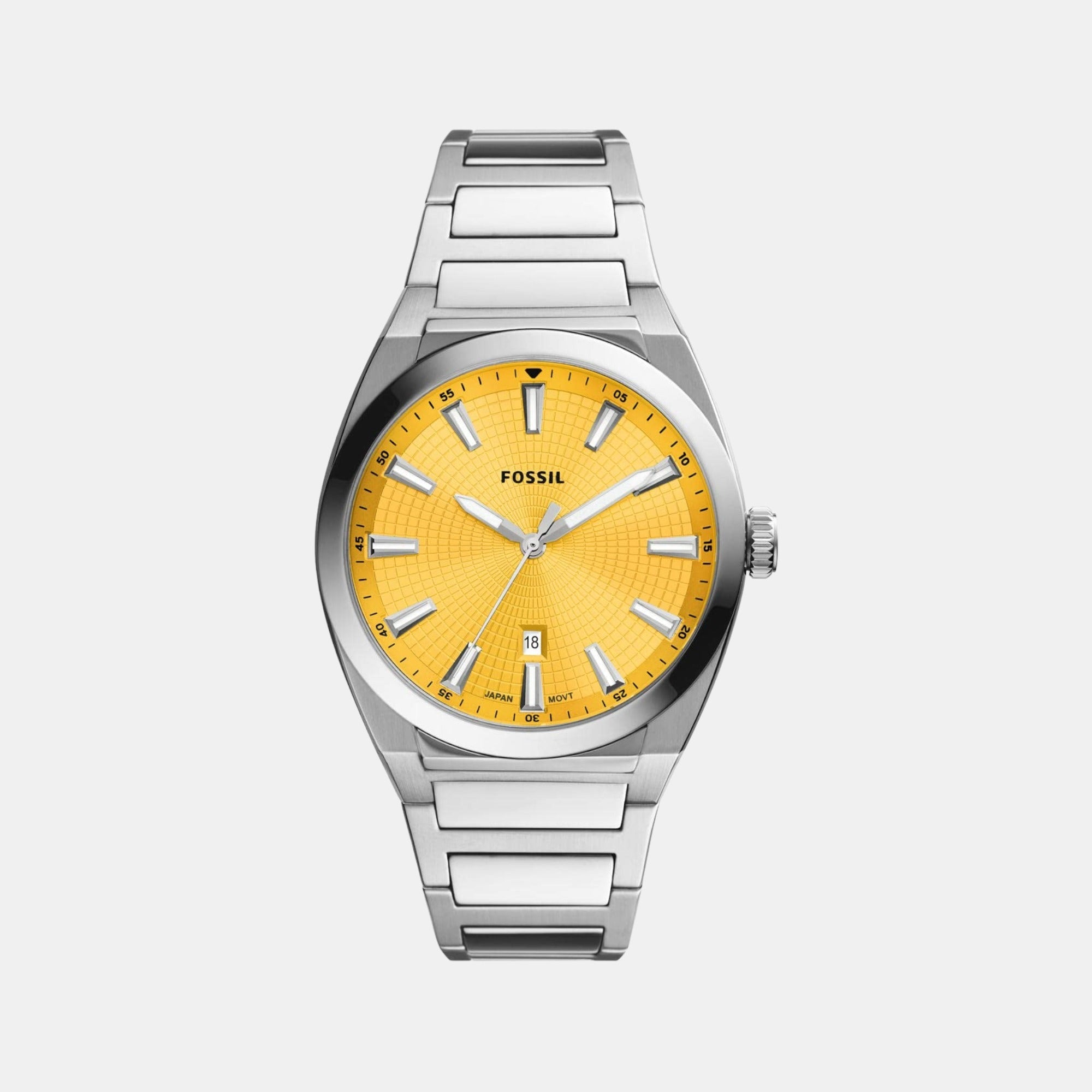Fossil Everett Men Quartz Yellow Dial Analog Stainless Steel Watch FS5985