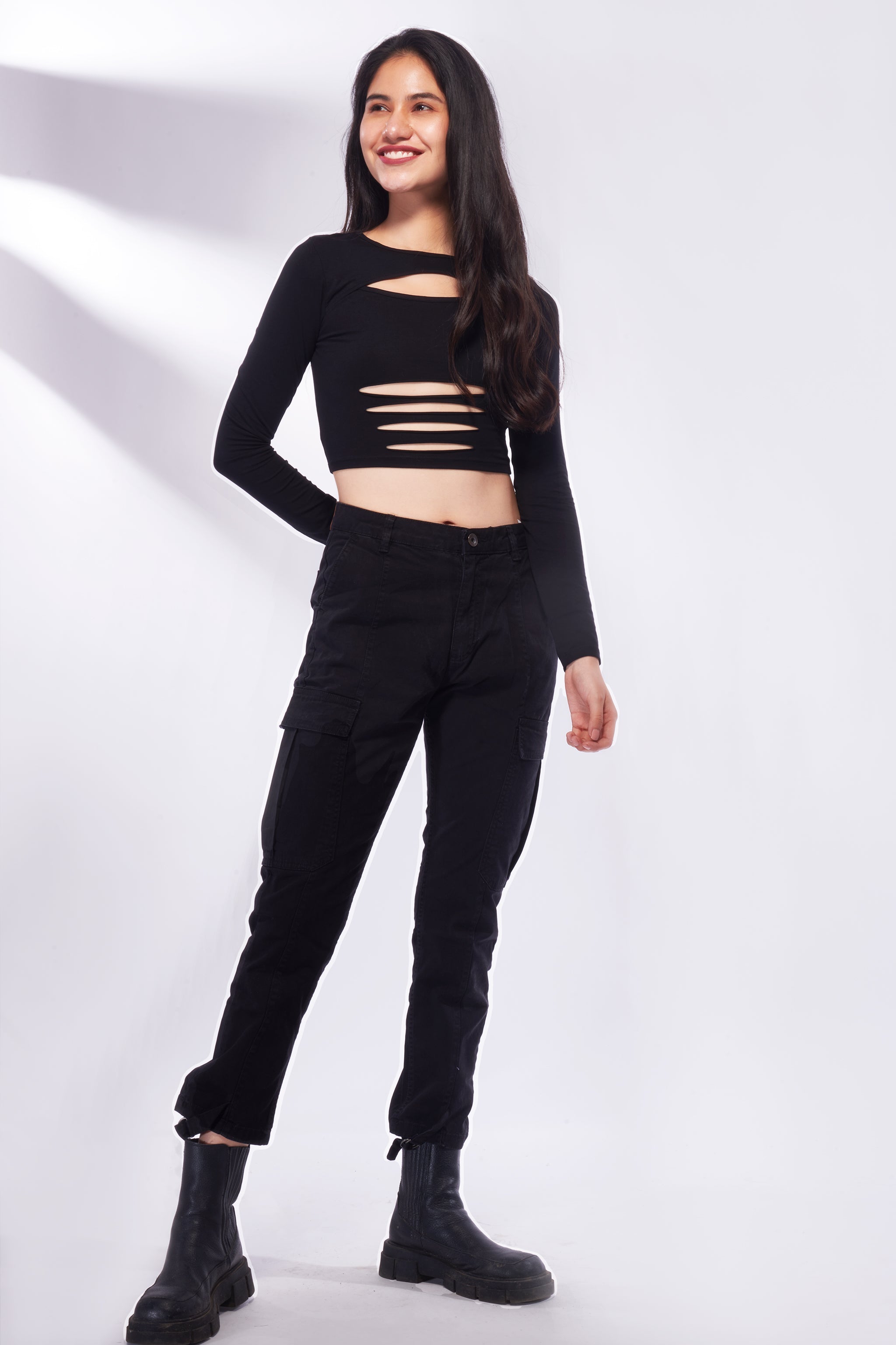 Baddie Ripped Cut-out Long Sleeve Top – Black