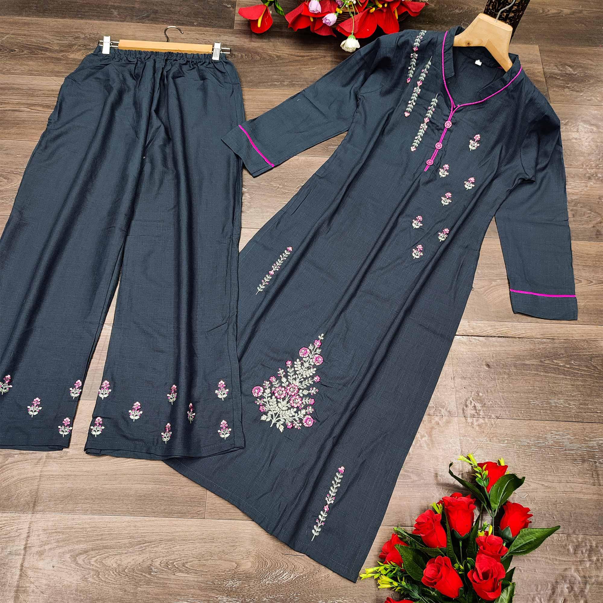 Peachmode Seller Dark Grey Casual Wear Embroidered Heavy Rayon Kurti - Palazzo Set - view 2