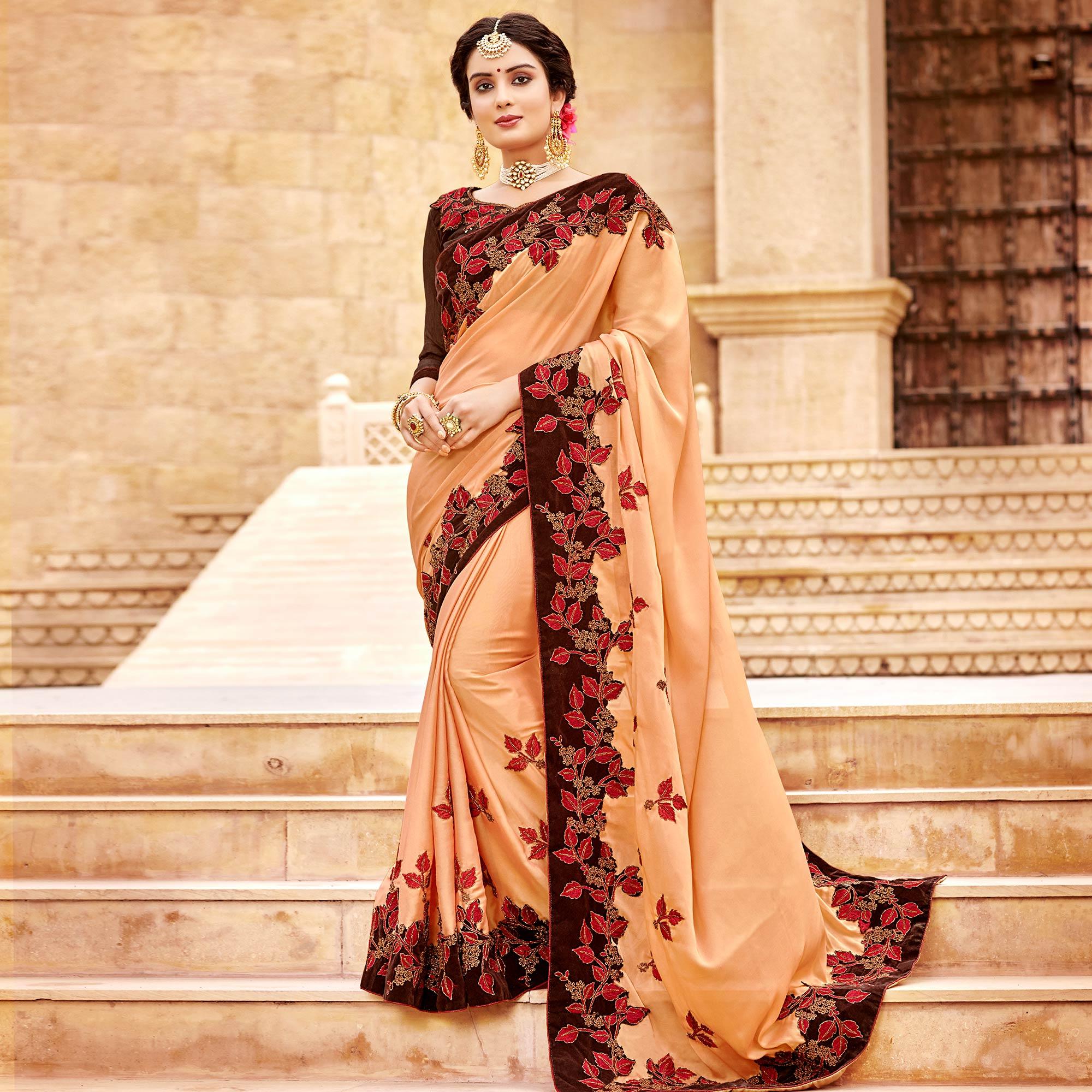 Peachmode Captivating Peach Colored Party Wear Embroidered Satin-Georegtte Saree