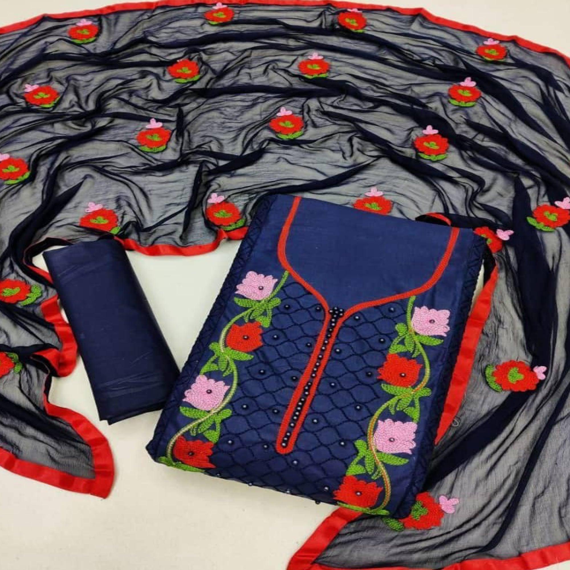 Peachmode Eye-catching Navy Blue Coloured Neck Work Casual Wear Cotton Dress Material