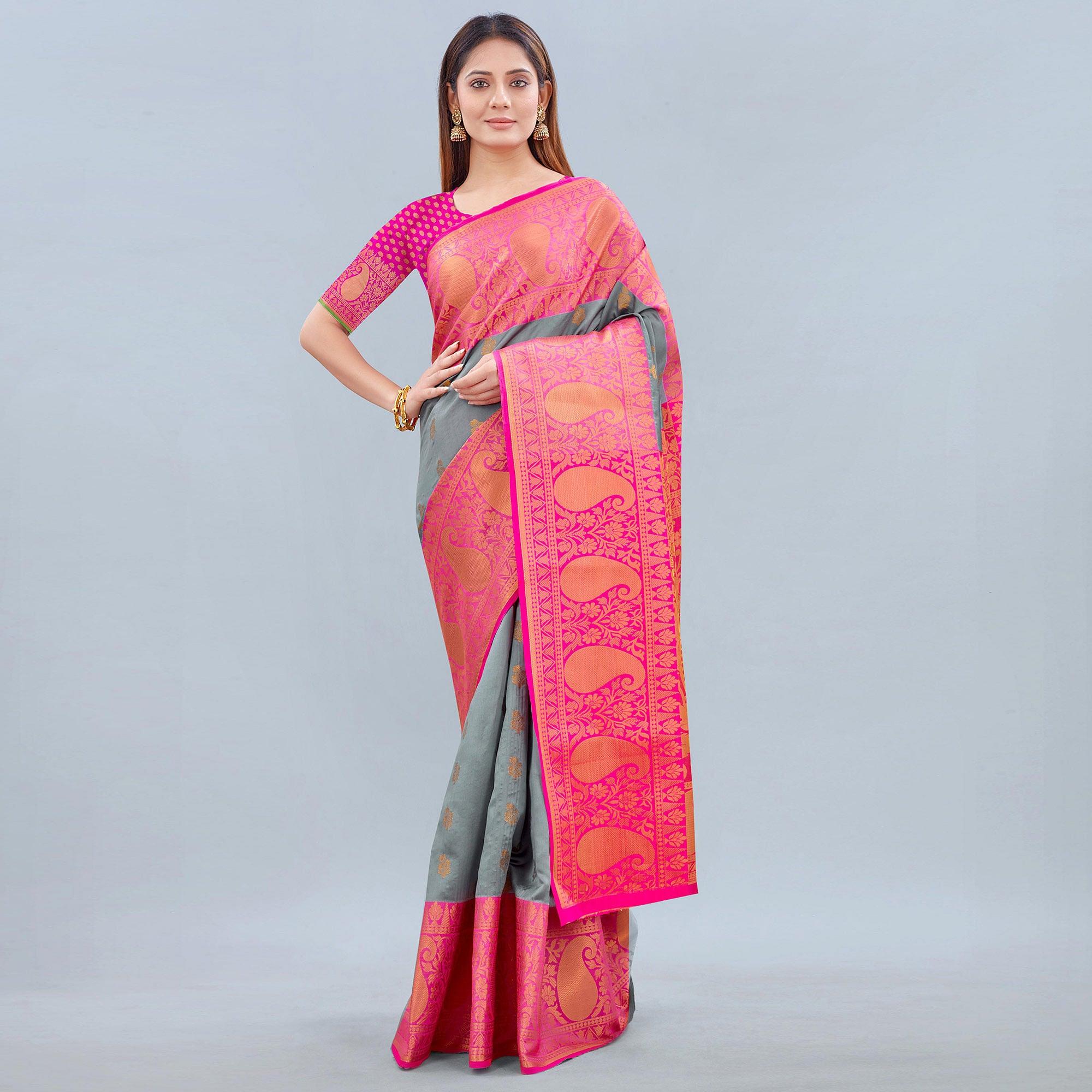 Peachmode Grey Woven Banarasi Silk Saree – Women's - view 2