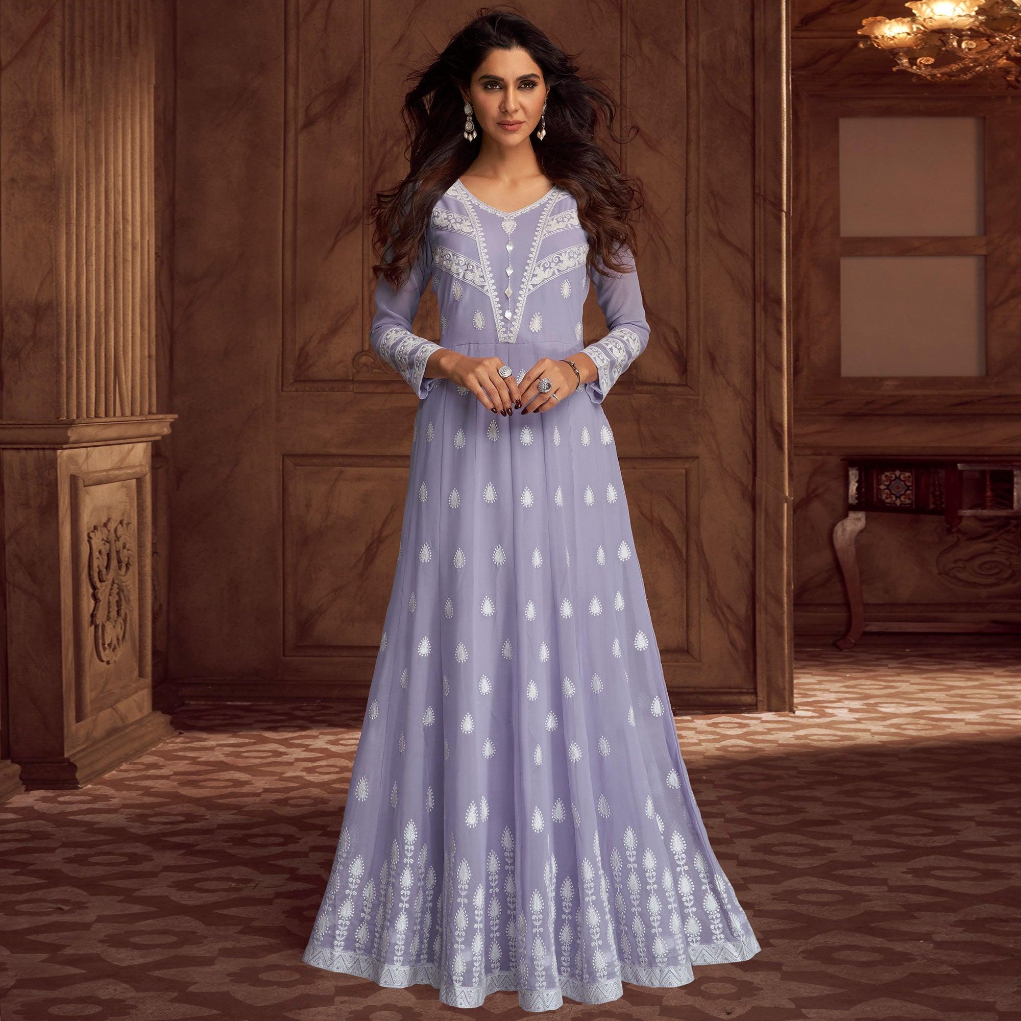 Peachmode Lavender Floral Embroidered Georgette Gown - view 2