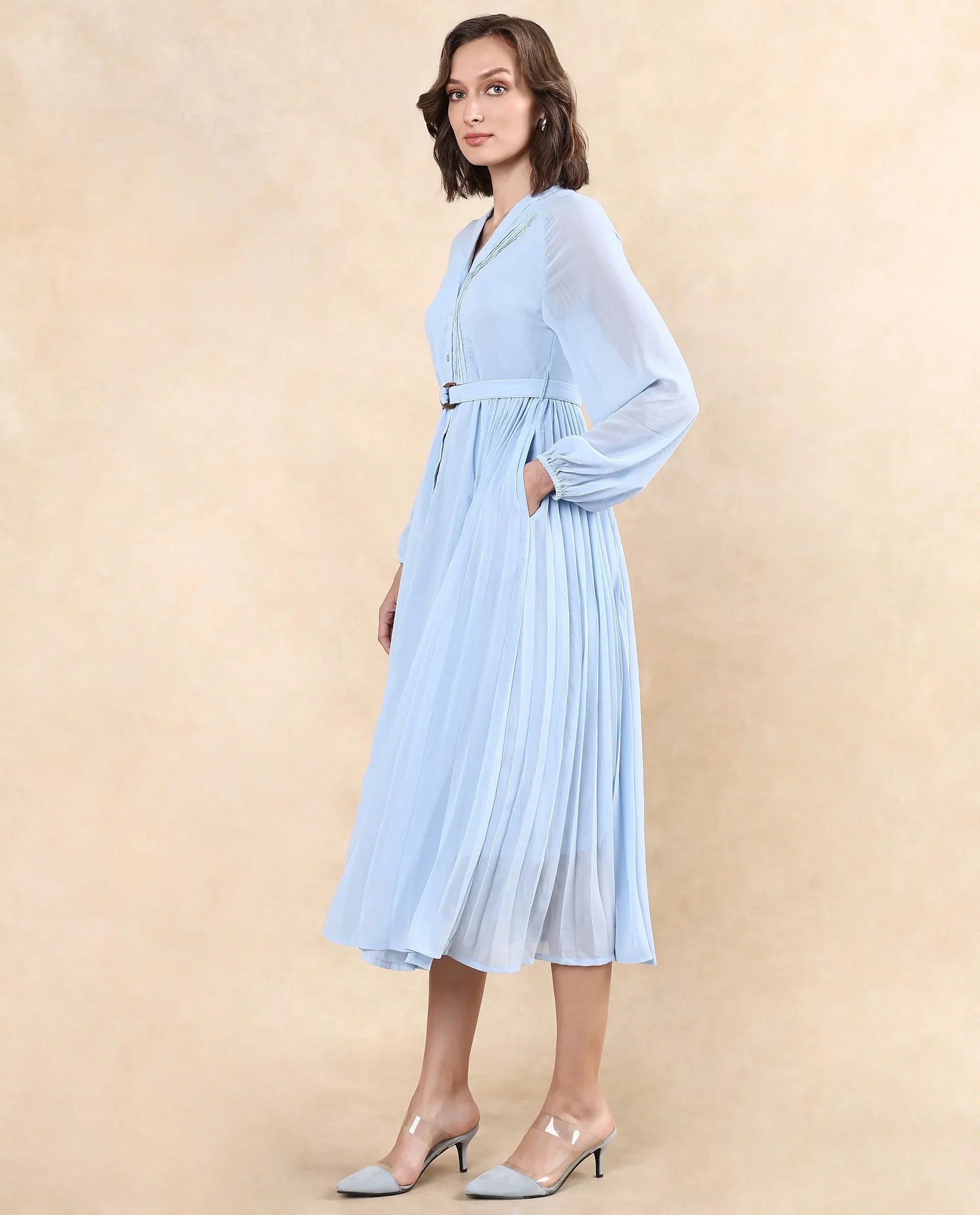 Rareism Women Jibouti Light Blue Polyester Fabric Raglan Sleeves V-Neck Button Closure A-Line Maxi Plain Dress - view 6