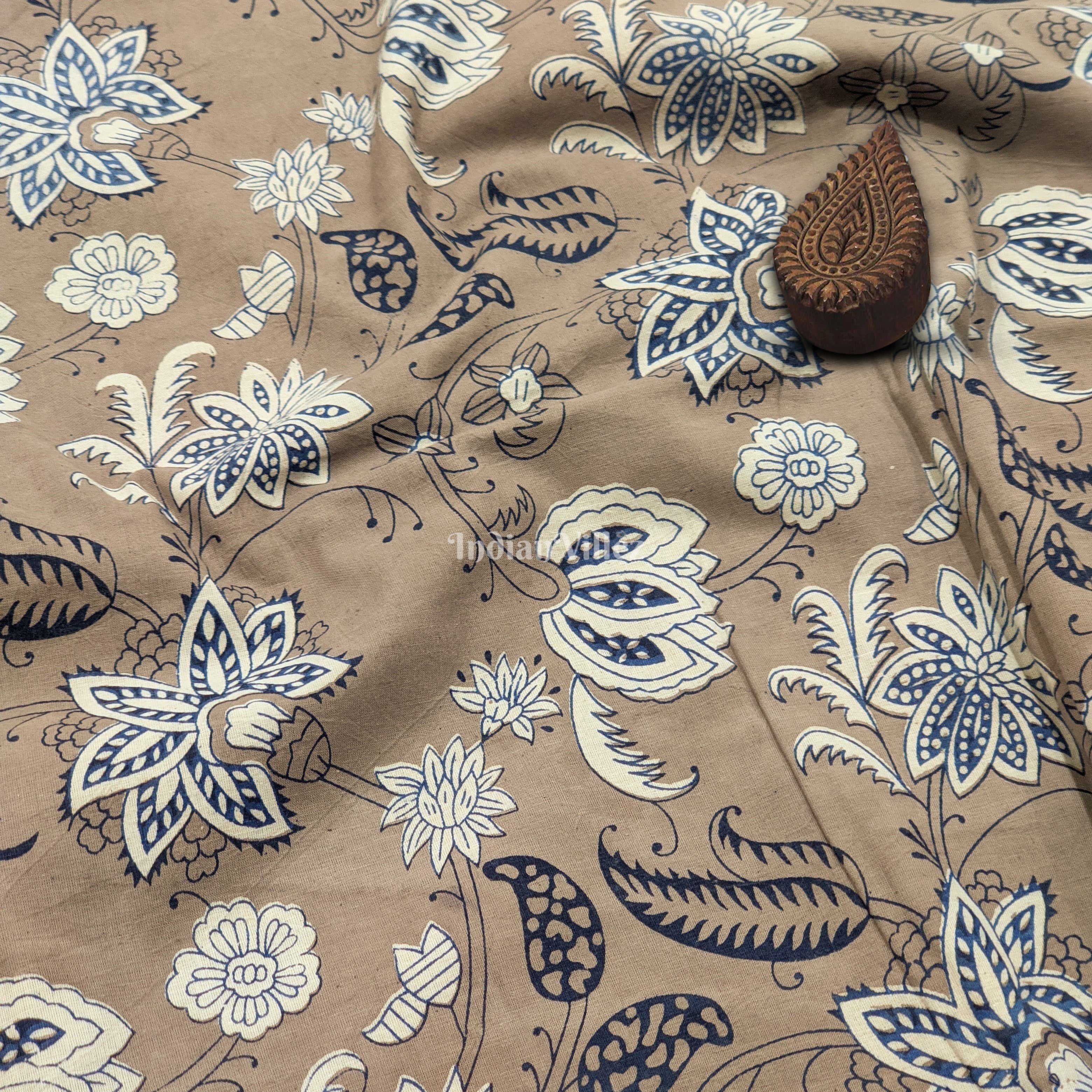 IndianVillèz Khaki Brown Floral Hand Block Printed Cotton Fabric