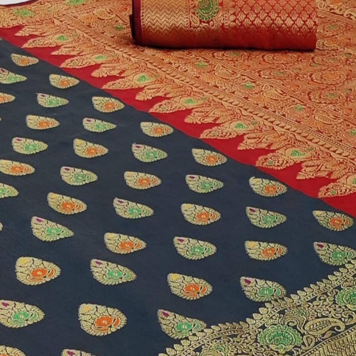 Peachmode Entrancing Grey Colored Festive Wear Woven Silk Saree - view 2