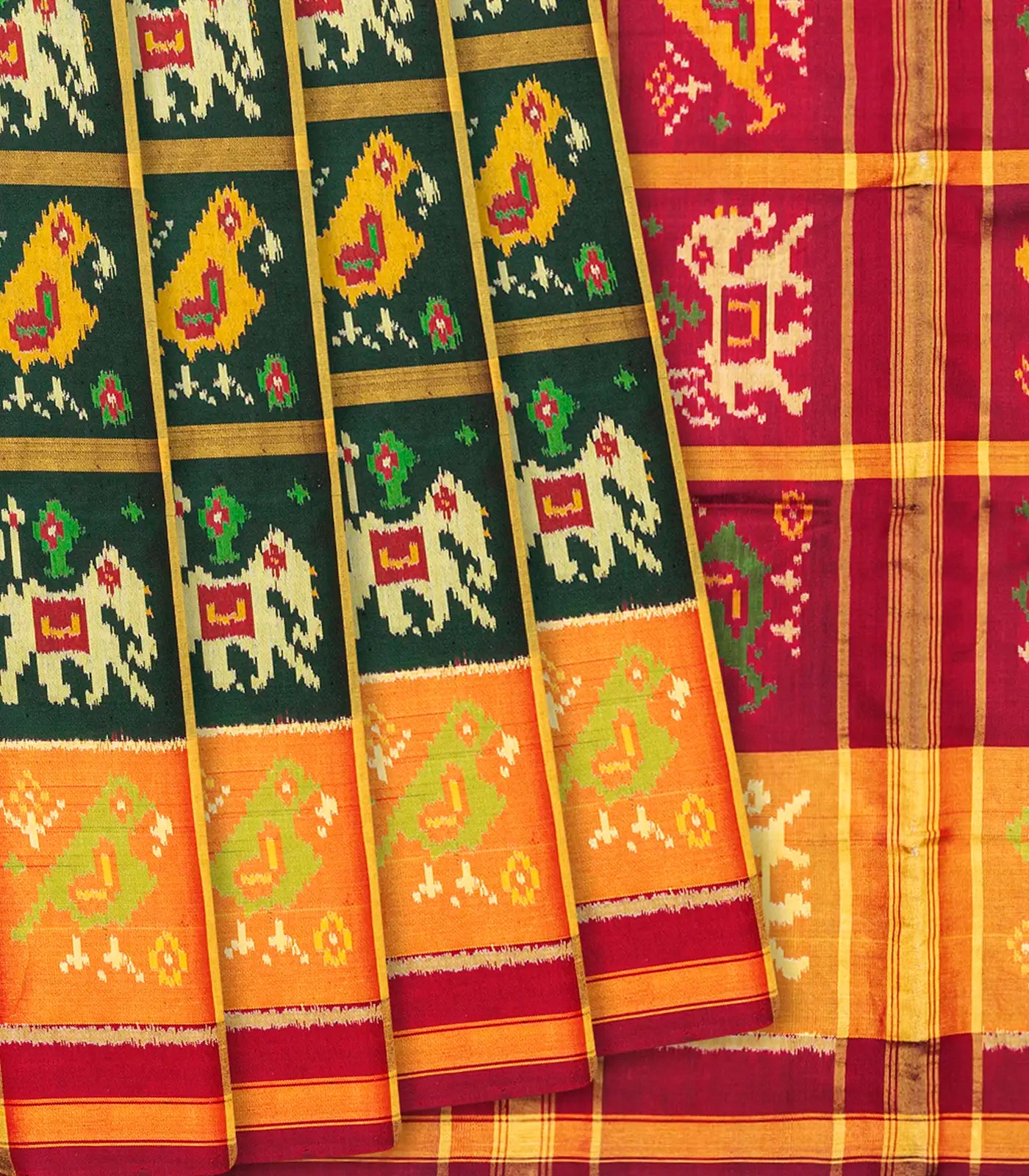RmKV Bottle Green Handloom Patola Single Ikat Silk Saree With Elephant Motifs-Bottle Green